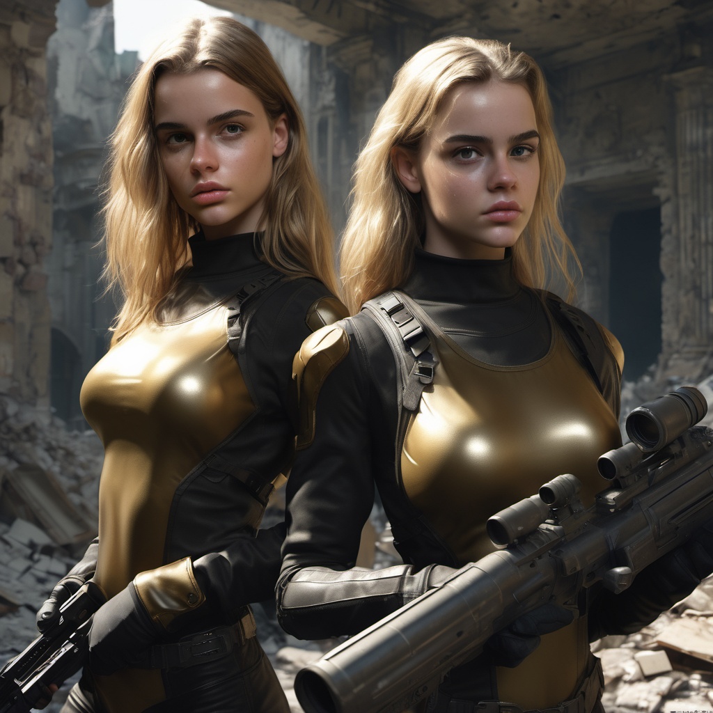 Two girls (One blond,  one brunett) wearing black and gold combat vaultsuits hiding in ruins with guns. One girl in front...