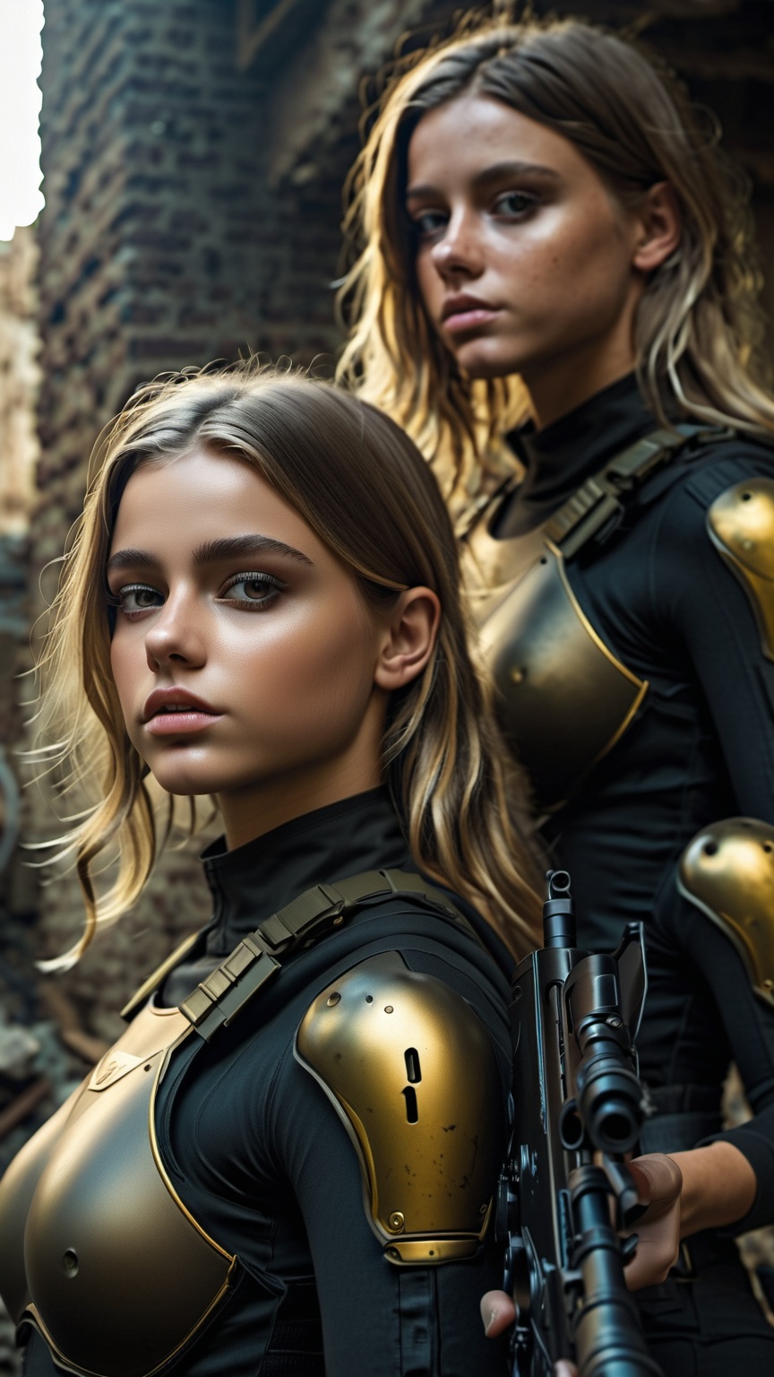 Two girls (One blond,  one brunett) wearing black and gold combat vaultsuits hiding in ruins with guns. One girl in front...