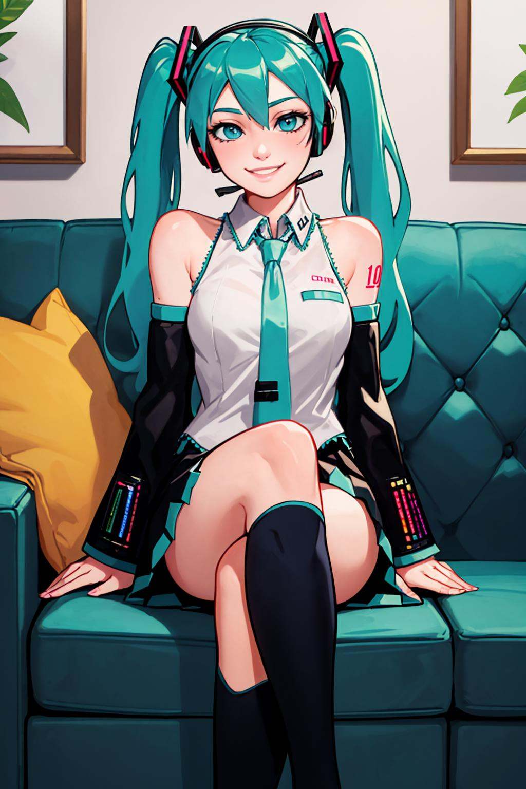(masterpiece, best quality:1.2), solo, 1girl, hatsune miku, smile, looking at viewer, sitting, crossed legs, couch, twintails, headset, sleeveless shirt, necktie, detached sleeves, skirt, thighhighs
