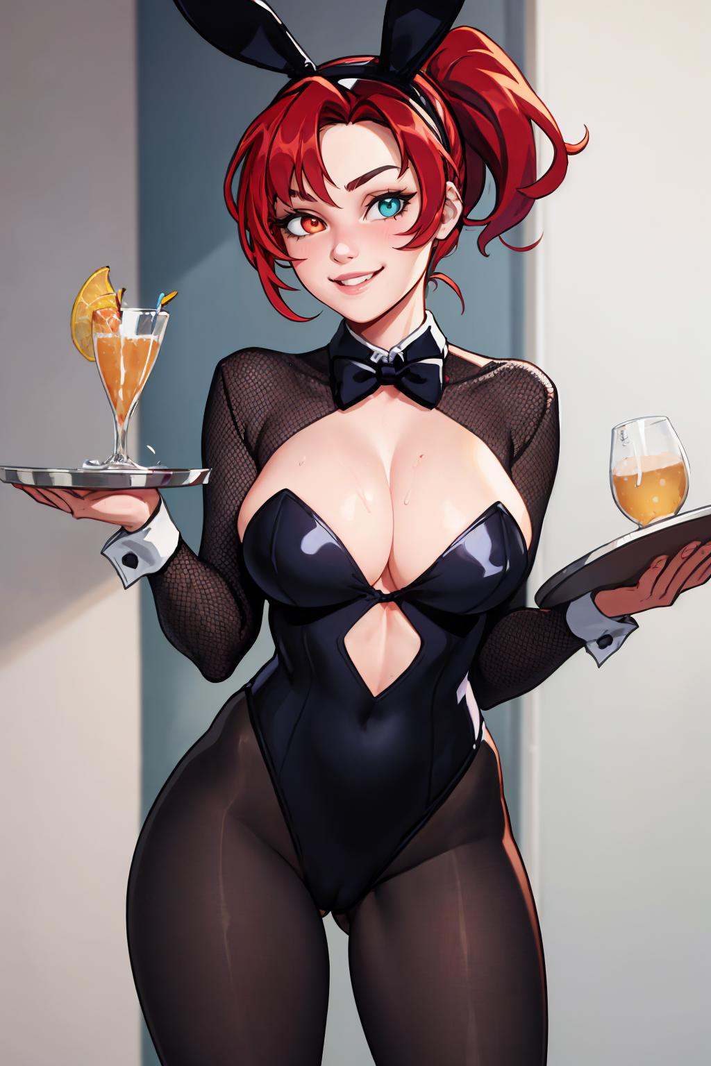 (masterpiece, best quality:1.2), solo, 1girl, smile, looking at viewer, holding tray, red hair, ponytail, heterochromia, fake animal ears, playboy bunny, leotard, pantyhose, large breasts