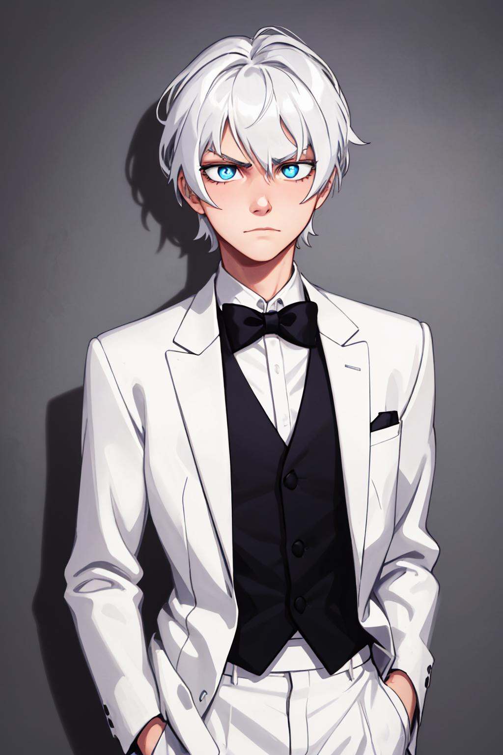 (masterpiece, best quality:1.2), solo, male focus, 1boy, serious, closed mouth, looking at viewer, white hair, blue eyes, bright pupils, white tuxedo