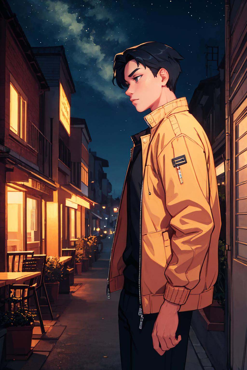 (masterpiece, best quality:1.2), night, star \(sky\), cityscape scenery, from side, solo, male focus, 1boy, looking to the side, short hair, jacket, pants