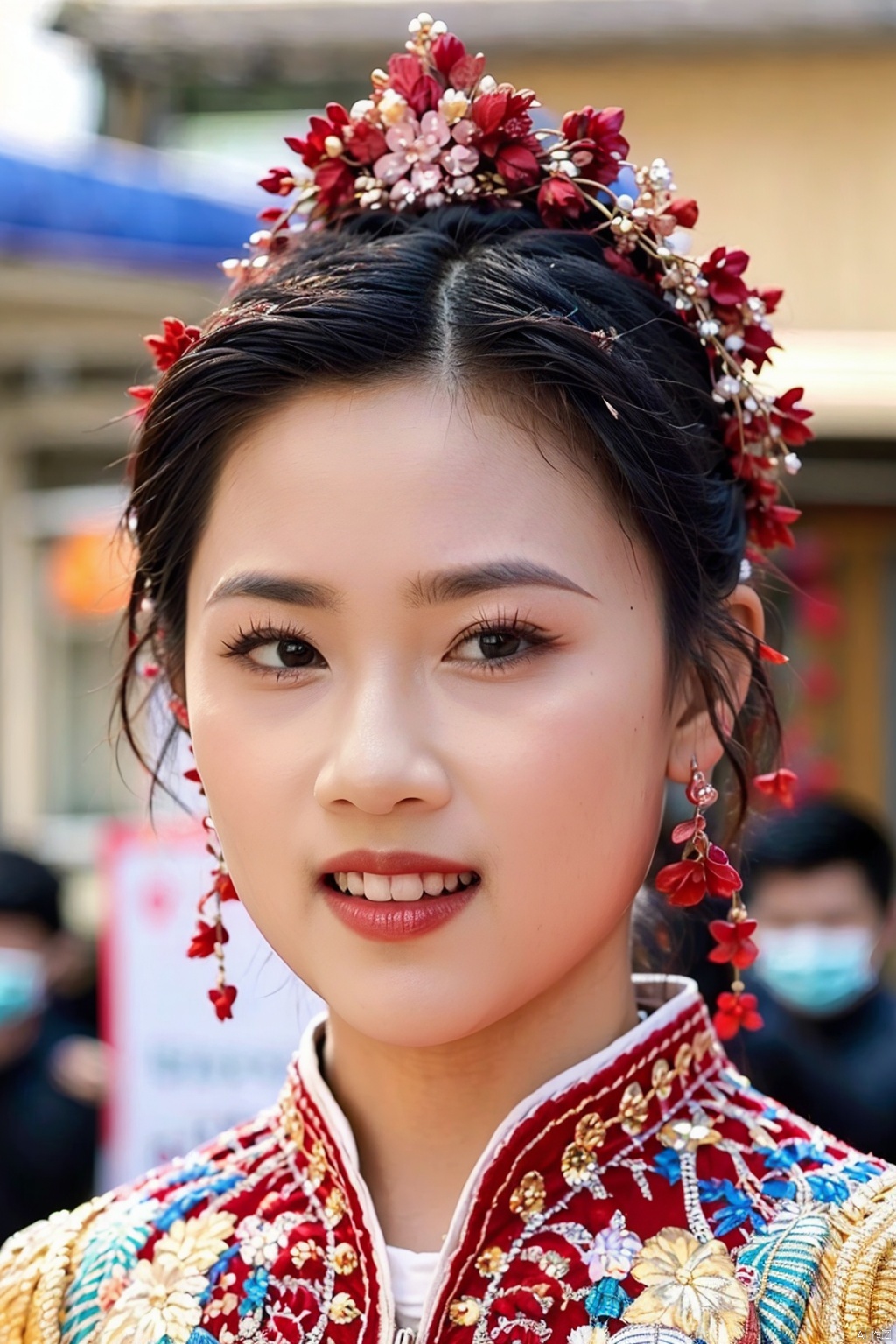 (masterpiece, 4k, best quality, highly detailed, 1girl, solo), blurry, depth_of_field, blurry_background, 1girl, photo_\(medium\), blurry_foreground, solo, photorealistic, looking_at_viewer, open_mouth, teeth, upper_body, 3d, photo_background,hat,