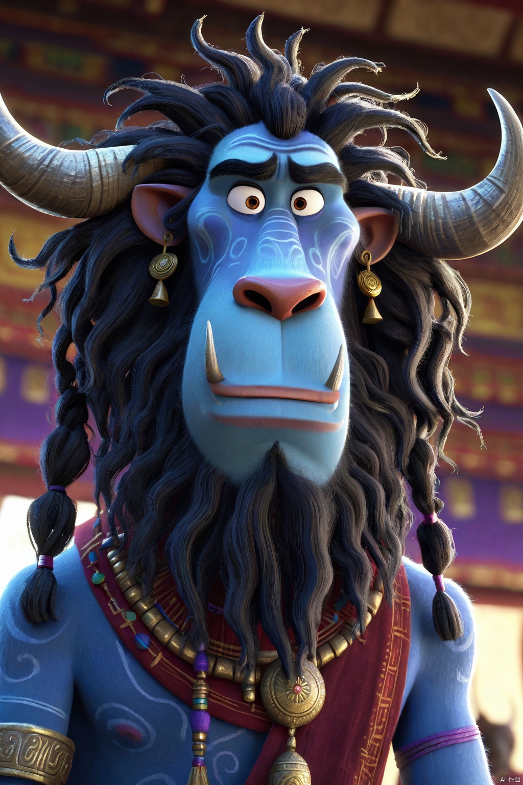  a cartoon character with long hair and horns, vfx movie close-up, Samsara, Hairy arms, Ox, indigo, sing, Tired Character Movie Still, Tall Foreheaded Character, Medium Wide Front Shot, Gypsy, comical, wild hair, snout, Opening Scene, gong, Unkempt, zebu, voodoo decor, Lhasa, Bearded, freeze frame