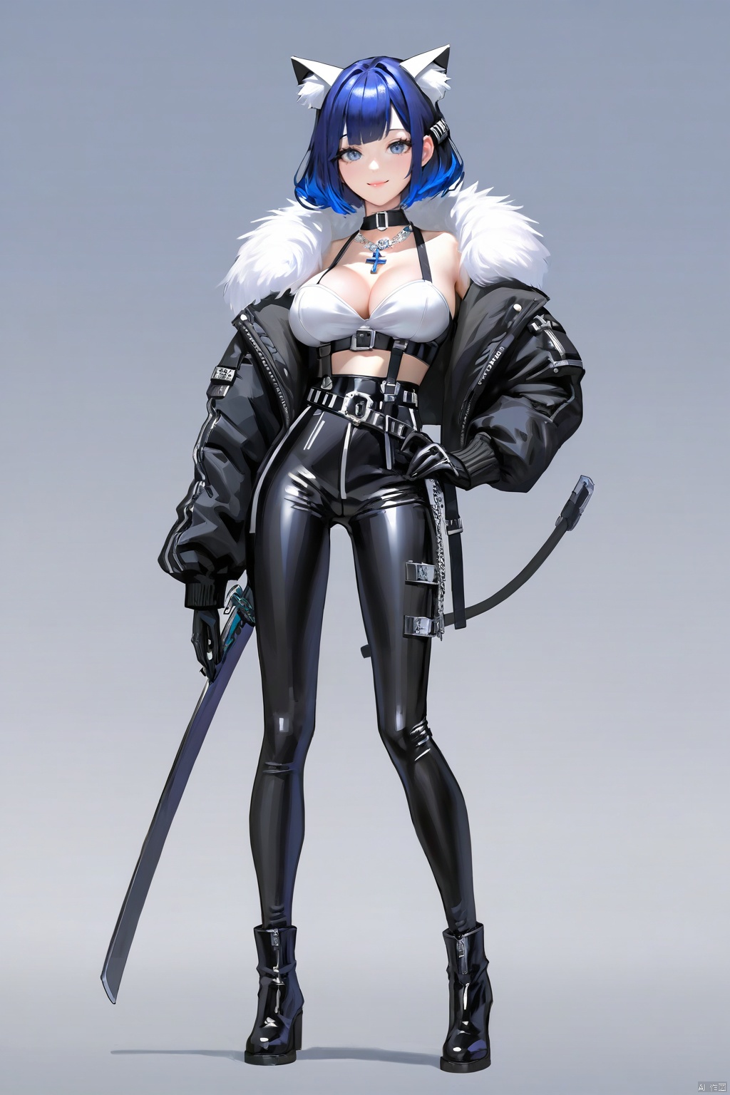  (original: 1.2), (far shot), (realistic: 1.3) (mixed Korean), masterpiece, best quality, beautiful clean face, fullbody, 1girl, ((detail fingers)), (with cat-ears on head), With gloves, mask, fur, wearing black techwear jacket and bodysuit and trousers with buckle and tape, ((a crystal necklace)), posing for a picture, (white beehive hairdo with cobalt highlights), long legs, holding one katana, big happy warm smile, (((large breast:1.3))), a huge cross sculpture behind, , , , ,