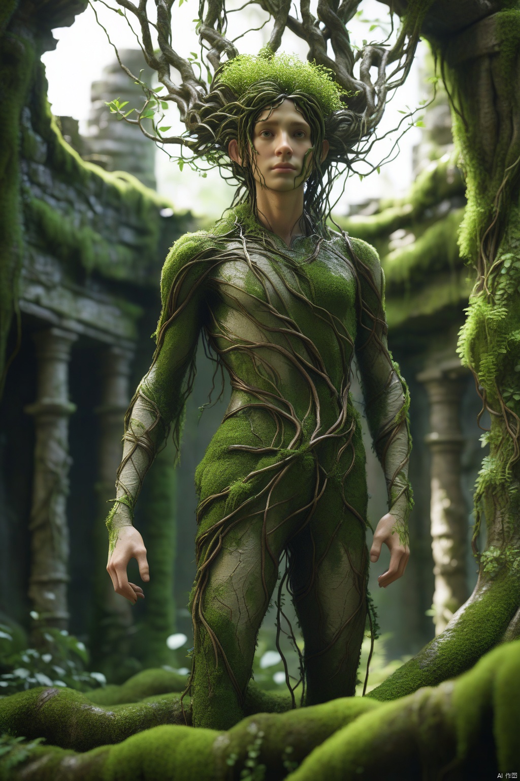  Bioengineered tree-human hybrid,looking at viewer,entwined branches for hair,bark skin,foliage sprouting from body,standing in an overgrown ruins,with moss and vines,ultra realistic,high resolution,depth of field,aesthetic,product introduction photo,