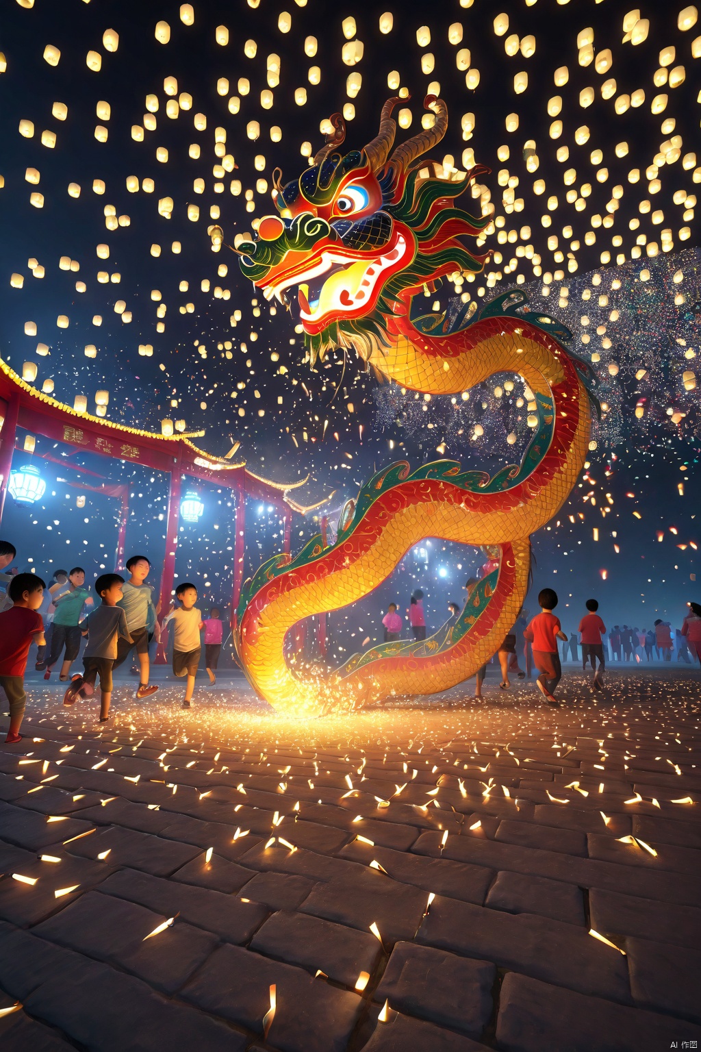  very detailed , realistic details , light particle effect, excellent work, extremely elaborate picture description,8k wallpaper, obvious light and shadow effects, ray tracing, obvious layers, depth of field, best quality
Chinese Dragon Spring Festival Firecrackers Children carry lanterns and run around thousands of lights