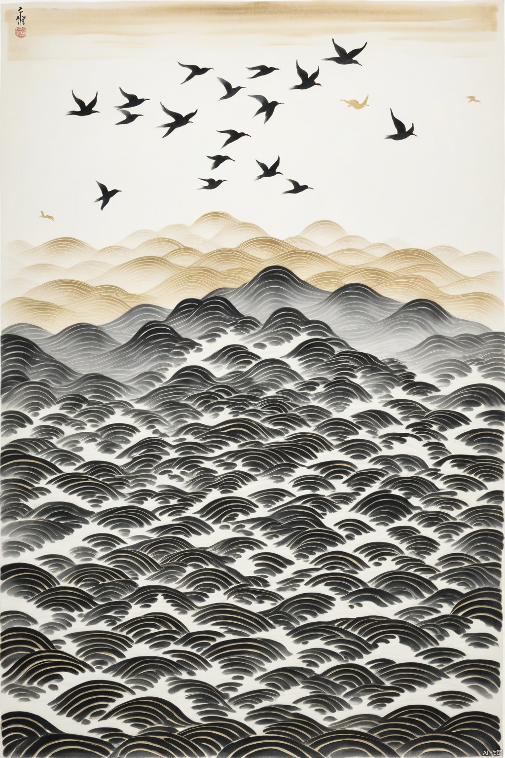  chinese ink painting,The image is an artistic representation with wavy,undulating patterns in a combination of black and gold. The patterns give an optical illusion of depth and movement. In the bottom right corner,there is a small boat floating on water. Above the boat,a flock of white birds is seen flying in a V-formation. The overall color palette consists of black,gold,and white.,,,