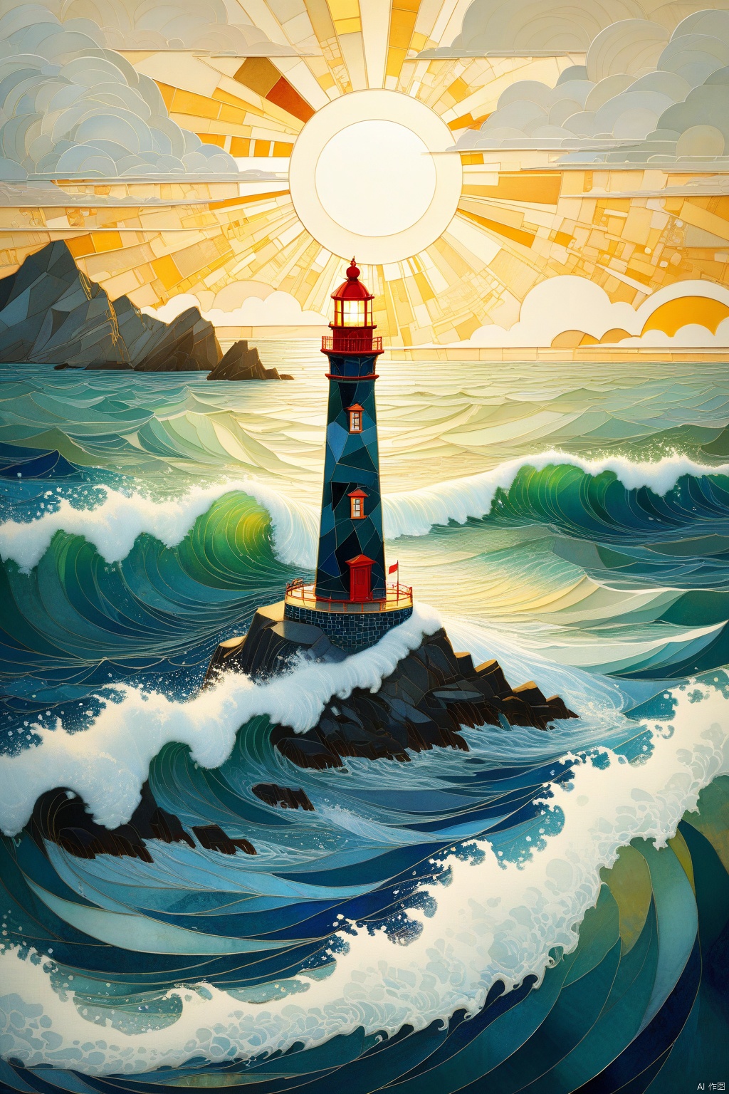  very beautiful insanely detailed image of glowing seascape lighthouse in golden October". beautiful golden mountains, bright dark yellow ornate sun, by Victo_Ngai, Oleksandra Ekster, Malevich, Vladyslav Yerko and Alexander Jansson, Vladyslav Yerko, Very Complex perfect elegant composition, linen gesso acrylic paper, epic Dramatic lighting, Razor-sharp quality insanely detailed, deep colors realistic masterpiece