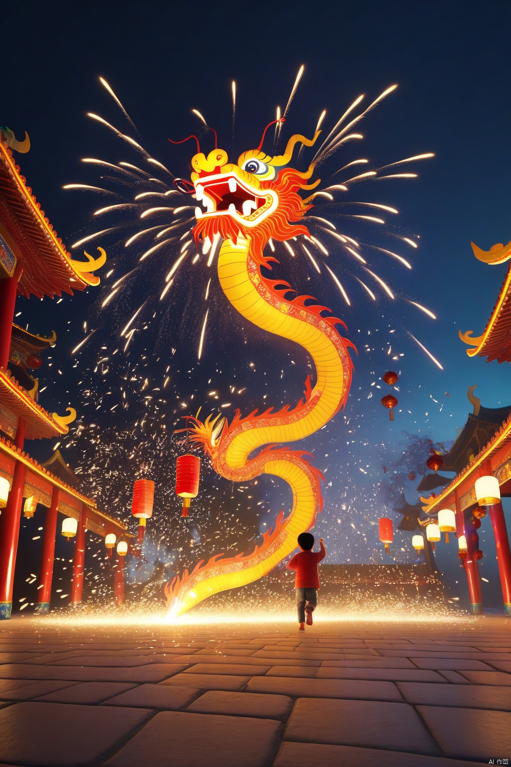  very detailed , realistic details , light particle effect, excellent work, extremely elaborate picture description,8k wallpaper, obvious light and shadow effects, ray tracing, obvious layers, depth of field, best quality
Chinese Dragon Spring Festival Firecrackers Children carry lanterns and run around thousands of lights
