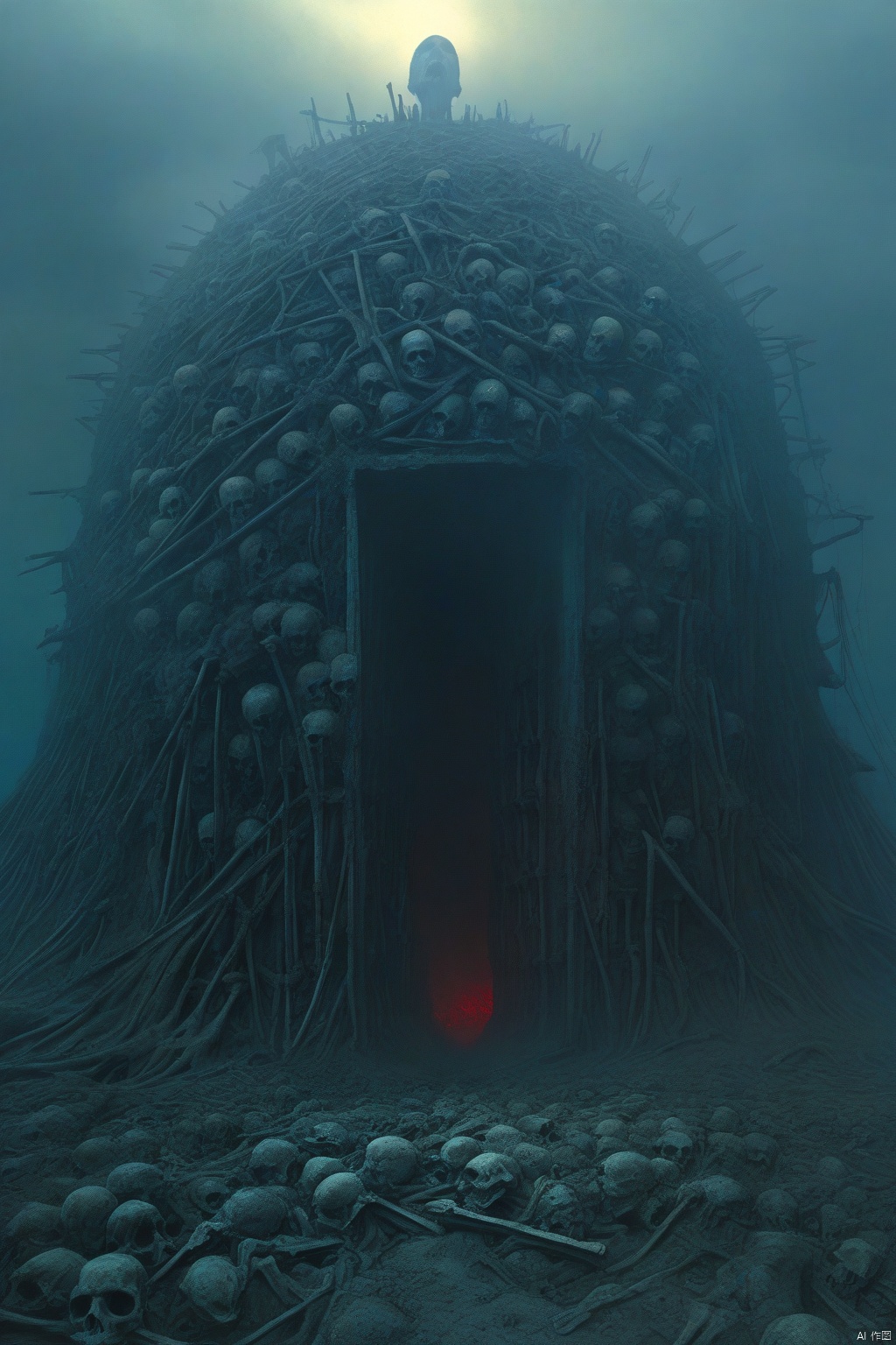  "Echoes from the past tormenting us for our mistakes, by Zdzislaw Beksinski, intricate, there is a dreadful rickety creation with too many bones and too many fingers in despair, nuclear apocalypse, decay, bones, driving red oil, screaming heads, surrealism, hyperrealism, octane render, blender, zbrush lovely 3D",