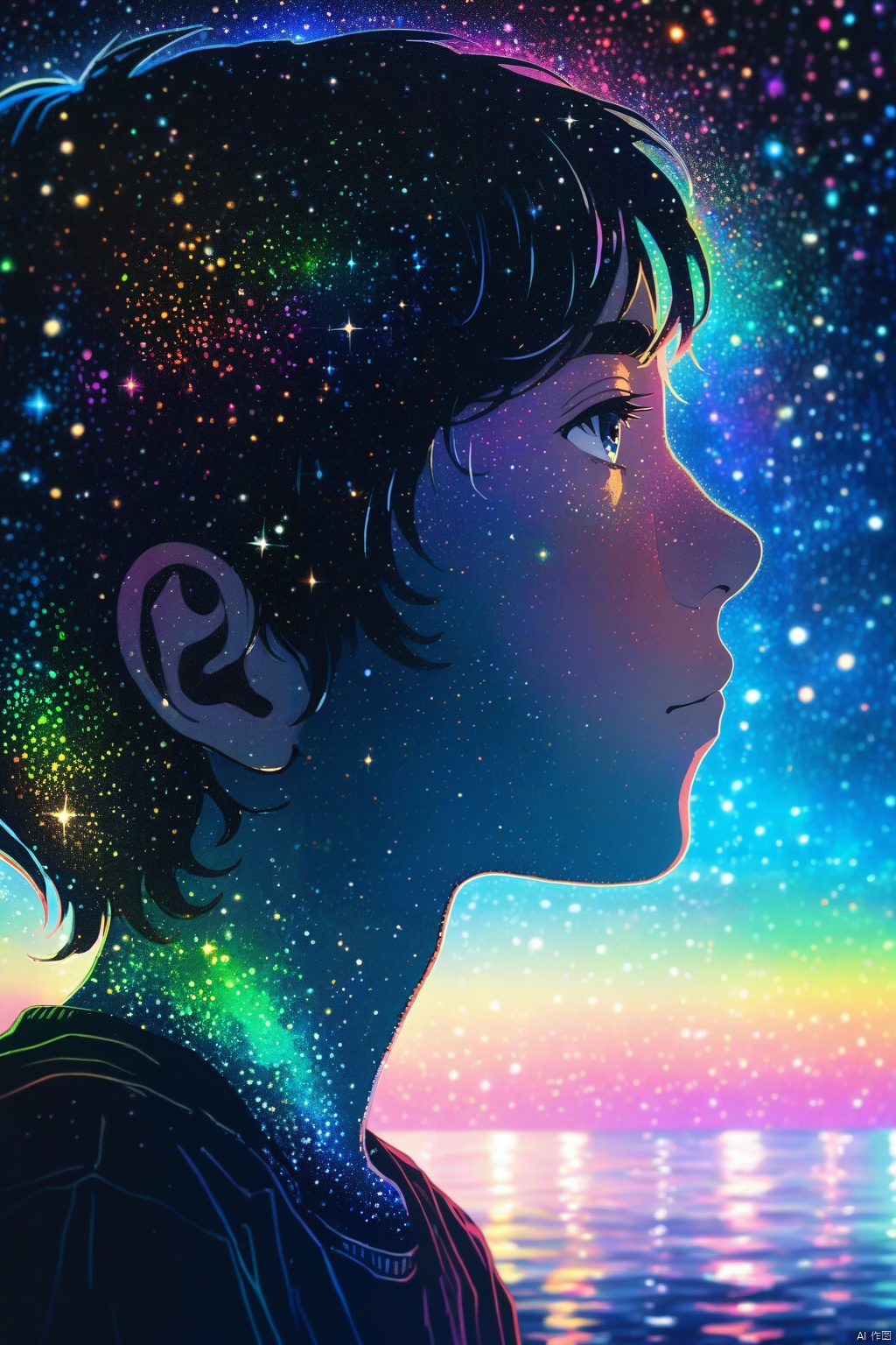  1 boy, closeup, portrait, upper body, face from side, on the sea, under the starry sky, the sea reflects the starry sky, rainbow color light reflected on the boy's face, sparkling lights, magical atmosphere, pointillism, Silhouette view, Cosmic wonders, Mysterious and colorful, nebula light, cosmic light, galactic light, Astronomical view, Macroscopic perspective, perspective view, masterpiece,