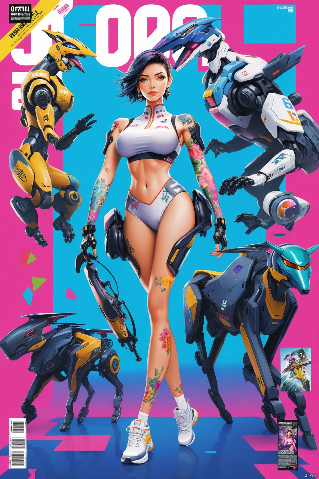  offcial art, colorful, Colorful background, splash of color
A beautiful woman with delicate facial features, sportswear,(mecha style), big breasts, full body portrait, tattoo all over body, flower arms, Surrounded by strange Animal stitched puppets, movie perspective, advertising style, magazine cover