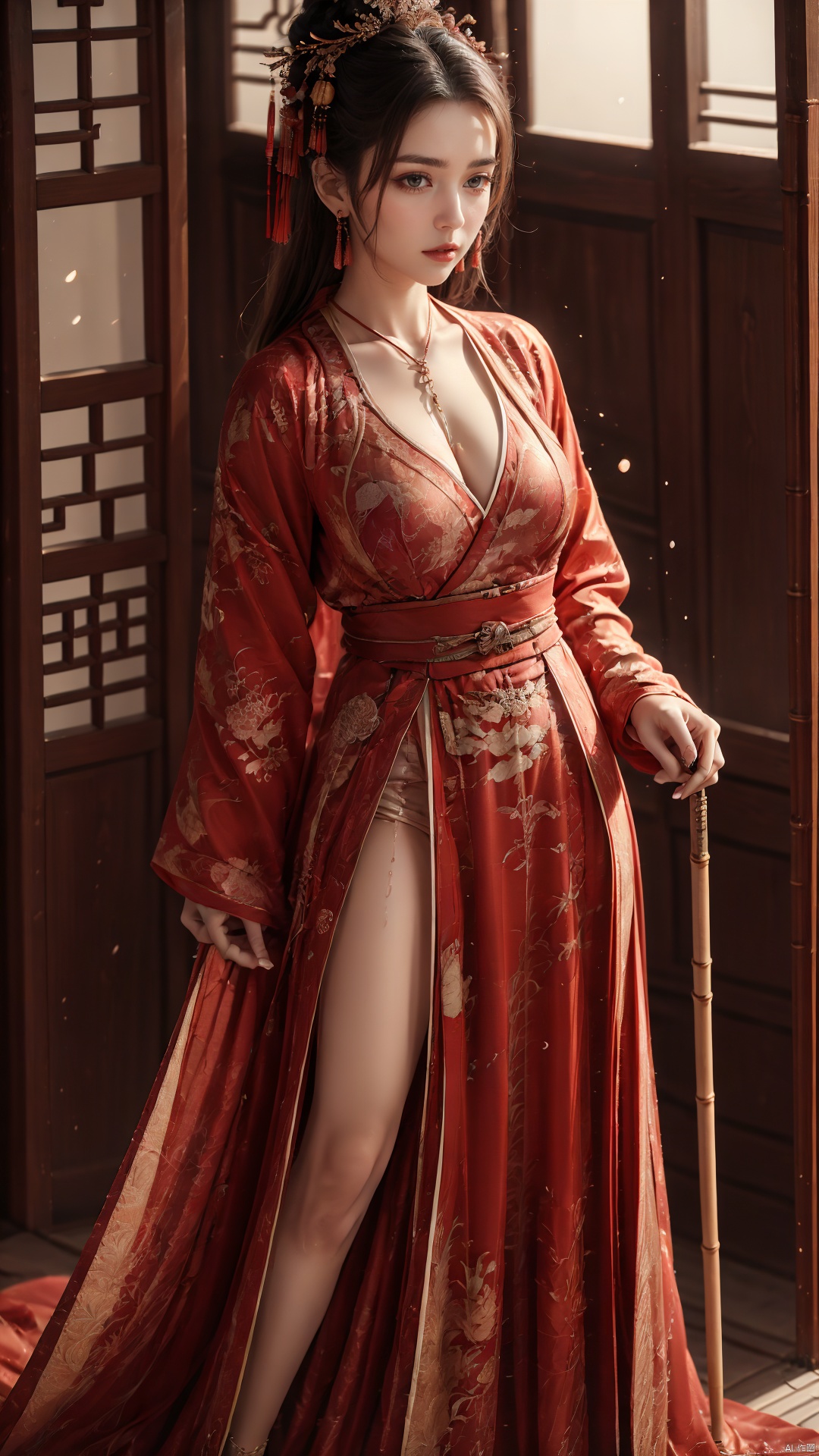 A girl,  full body, from below, Chinese style,  knight-errant,  elegant long skirt,  martial arts,  Keywords ink bamboo,  bamboo forest, with pieces of ink bamboo behind her,  all taken,  Ink scattering_Chinese style,  Anime,  yjmonochrome,  linkedress_red dress,  ((Binding)), ((BDSM)),  Milk_shower,<lora:EMS-250074-EMS:0.400000>,<lora:EMS-269227-EMS:0.500000>,<lora:EMS-271150-EMS:0.500000>
