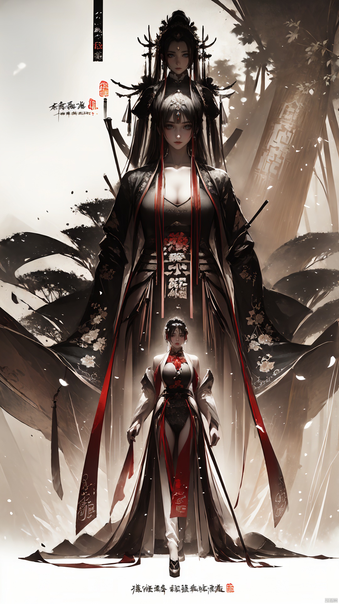A girl,  full body, from below, Chinese style,  knight-errant,  elegant long skirt,  martial arts,  Keywords ink bamboo,  bamboo forest, with pieces of ink bamboo behind her,  all taken,  Ink scattering_Chinese style,  Anime,  yjmonochrome,  linkedress_red dress,  ((Binding)),<lora:EMS-269227-EMS:0.500000>,<lora:EMS-271150-EMS:0.500000>,<lora:EMS-262144-EMS:1.000000>