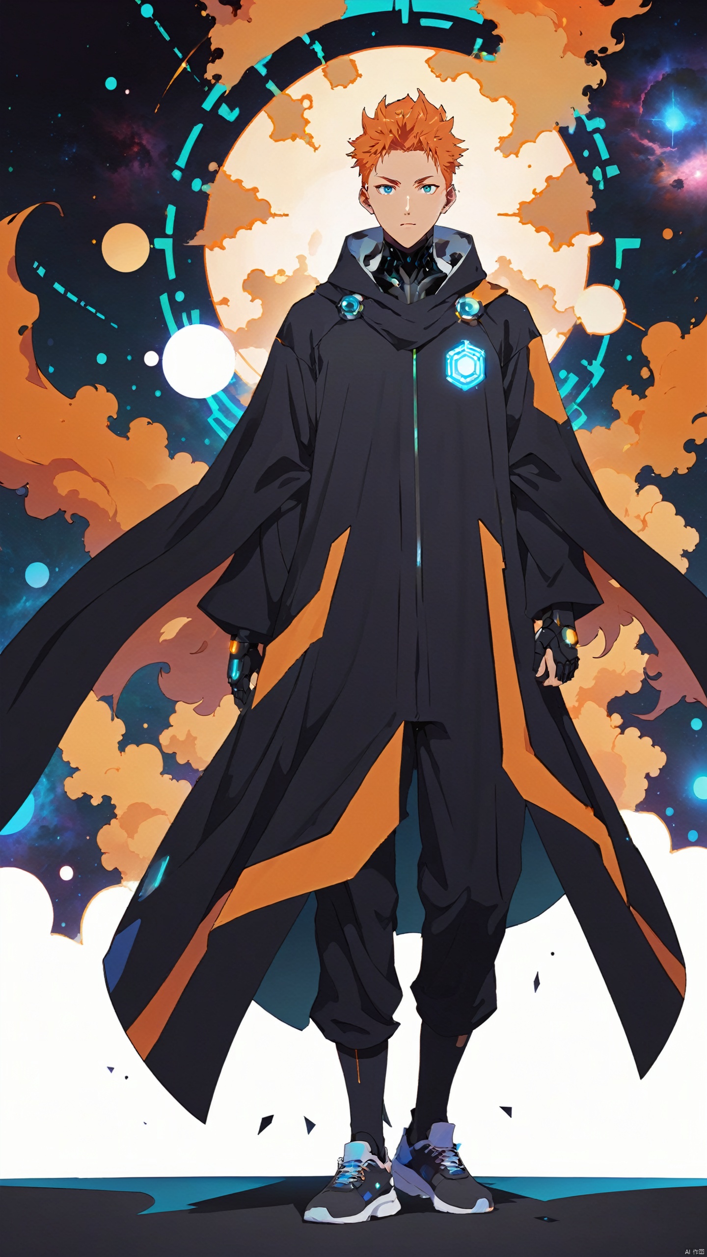  (National Cyber Future Style: 1.5) Full Body (Character Facial Detail: 1.5) (Complex Mechanical Structure) (Minimum Thick Paint: 1.) 20 year old man wearing a National Cyber Future mechanical cape, orange hair, trainers, texture flowing like a dreamy nebula, silhouette illustration behind him, /jianying/