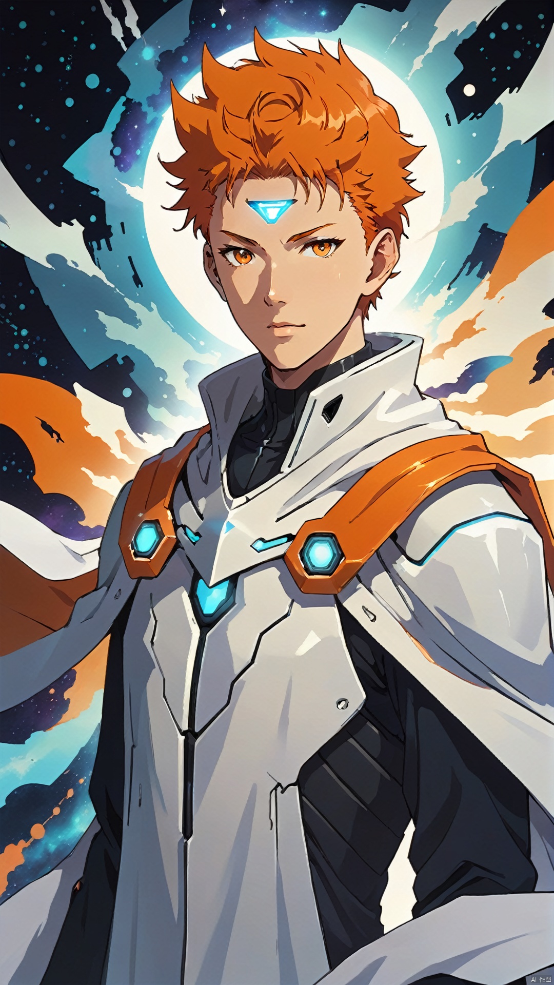 (National style cyber-future style: 1.5) (Detail of figure's face: 1.5) (Minimum thick paint: 1.5) 20 year old man, wearing a supernatural energy National style cyber-future white mechanical cape, orange hair, texture smooth like a dreamy nebula, (silhouette illustration on flowing background), /jianying/