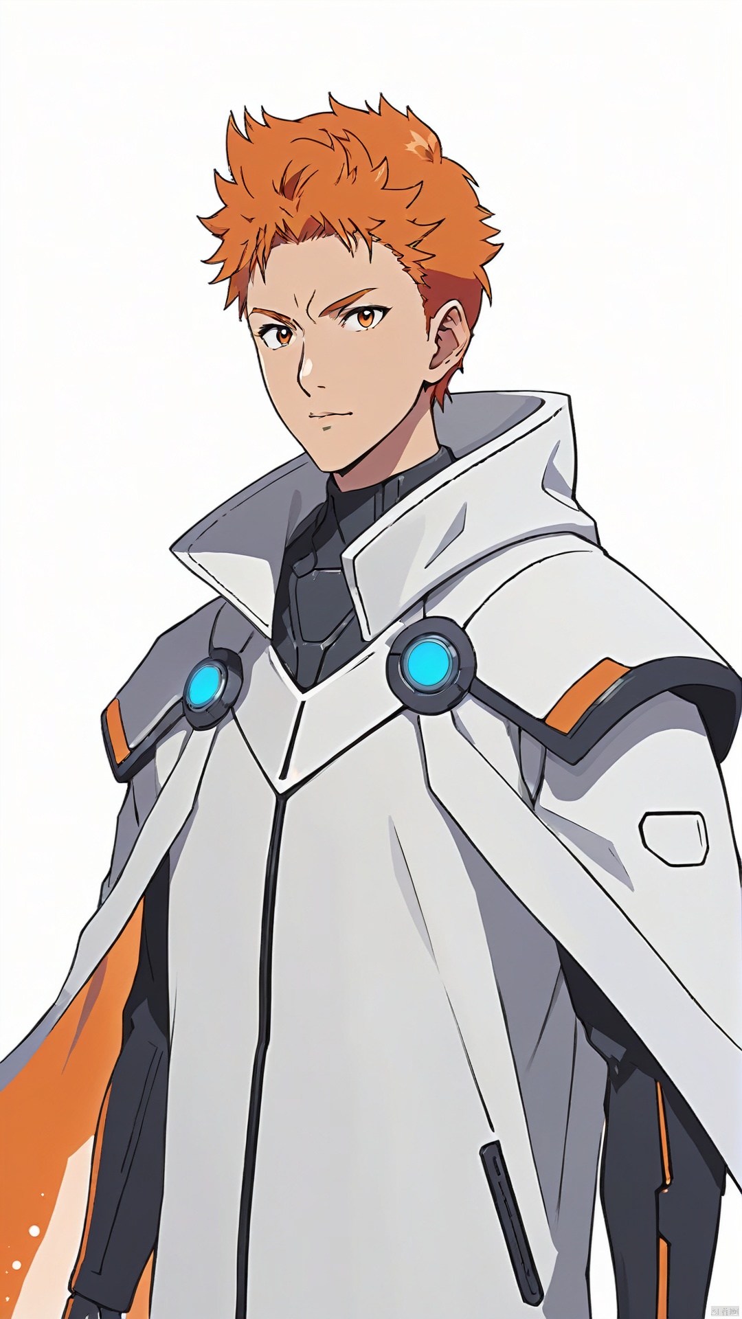 (National style cyber-future style: 1.5) Large half-body (character's facial details: 1.5) (Minimum thick paint: 1.5) 20 years old man, wearing a national style futuristic white mechanical cloak, orange hair, texture smooth like a dreamy nebula, silhouette illustration flowing behind him