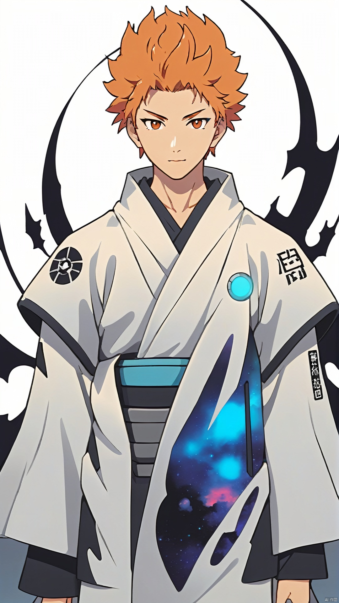 (Kokeshi Cyber-Future Style: 1.5) Large Half Body (Character's Facial Detail: 1.5) (Minimum Thick Paint: 1.5) 20 year old man, clad in a supernatural energy Kokeshi Cyber-Future White Mechanical Cloak, with Orange Hair, with a smooth texture like a dreamy nebulae, (Silhouette Illustration flowing behind him)