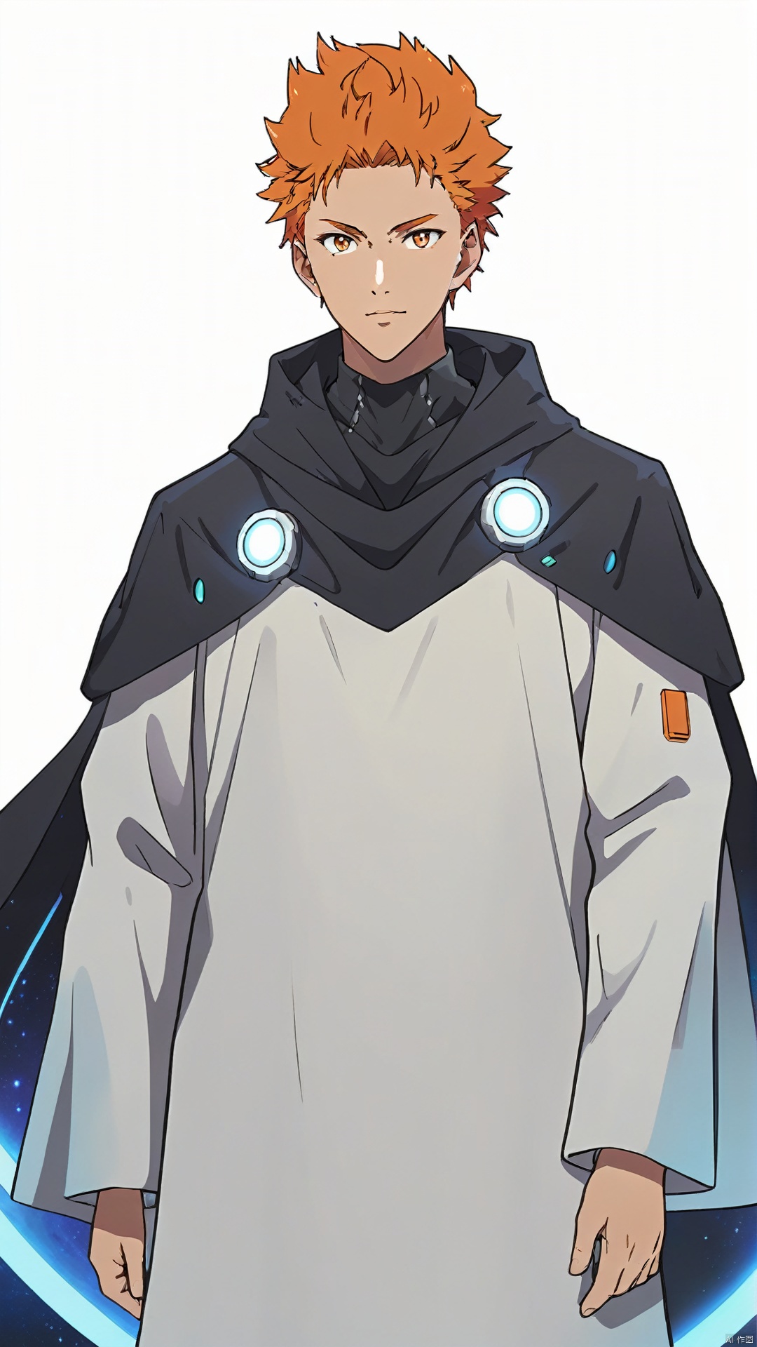 (National style cyber-future style: 1.5) Large half-body (character's facial details: 1.5) (Minimum thick paint: 1.5) 20 years old man, wearing a national style futuristic white mechanical cloak, orange hair, texture smooth like a dreamy nebula, silhouette illustration flowing behind him