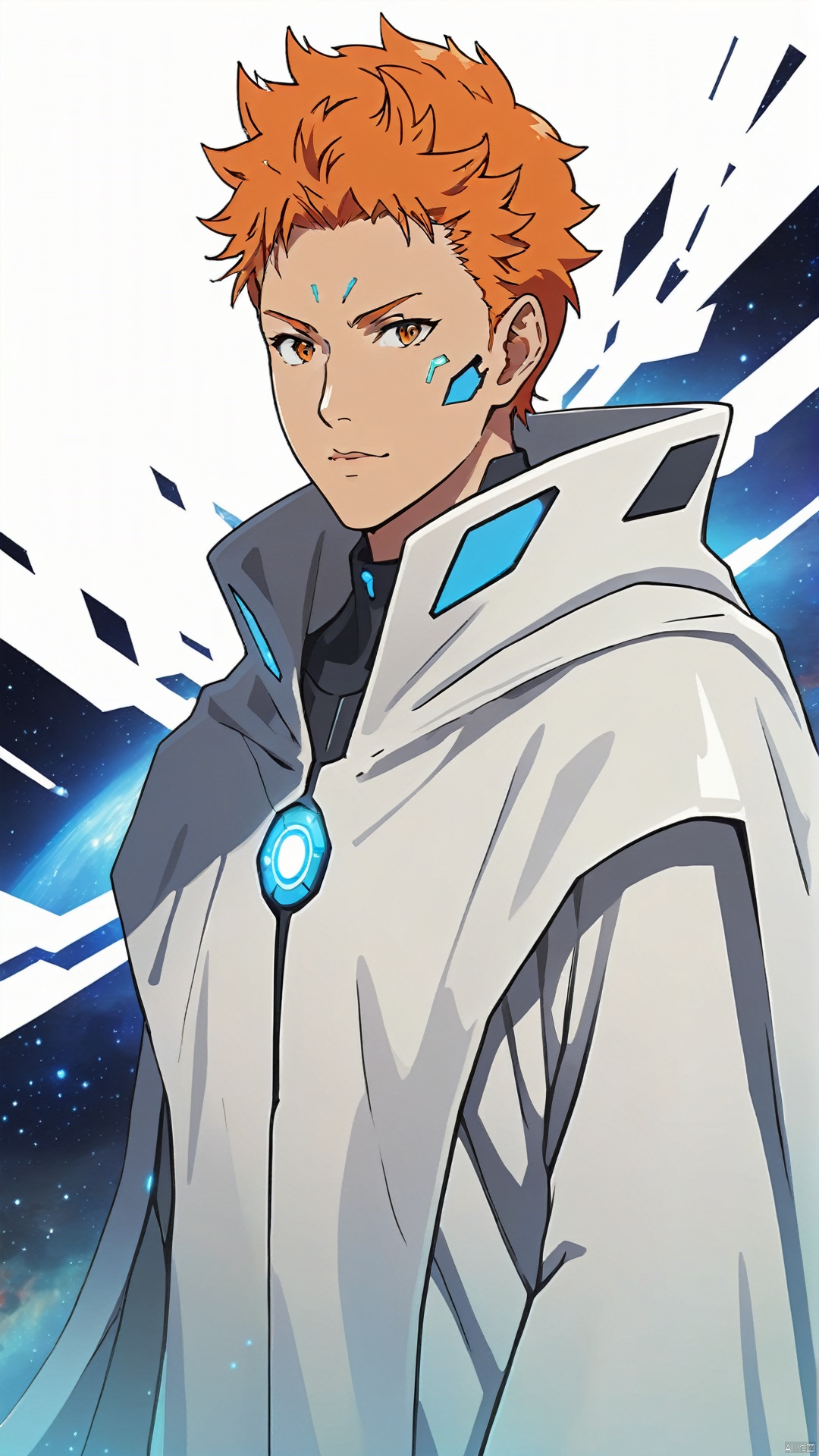 (National style cyber-future style: 1.5) (Detail of figure's face: 1.5) (Minimum thick paint: 1.5) 20 year old man, wearing a supernatural energy National style cyber-future white mechanical cape, orange hair, texture smooth like a dreamy nebula, (silhouette illustration on flowing background)