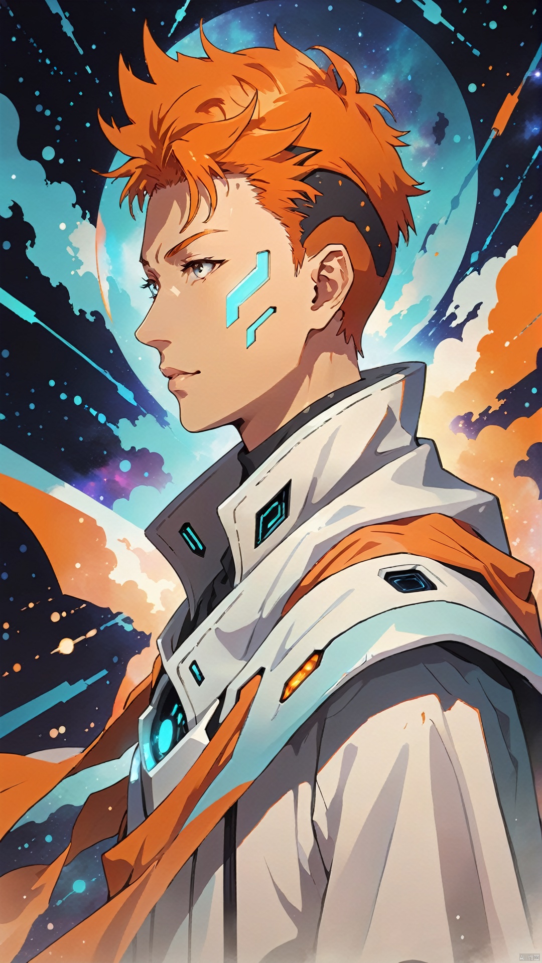 (National style cyber-future style: 1.5) (Detail of figure's face: 1.5) (Minimum thick paint: 1.5) 20 year old man, wearing a supernatural energy National style cyber-future white mechanical cape, orange hair, texture smooth like a dreamy nebula, (silhouette illustration on flowing background), /jianying/