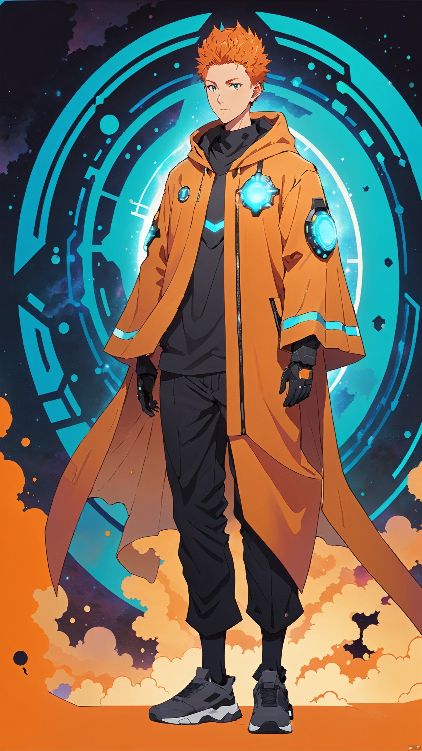  (National Cyber Future Style: 1.5) Full Body (Character Facial Detail: 1.5) (Complex Mechanical Structure) (Minimum Thick Paint: 1.) 20 year old man wearing a National Cyber Future mechanical cape, orange hair, trainers, texture flowing like a dreamy nebula, silhouette illustration behind him, /jianying/