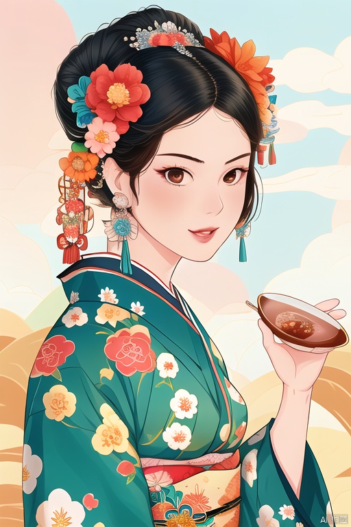 1girl,  super realistic,jueshimeinv, flower,  hair ornament,  hair flower,  looking at viewer, ((wear blue japanese clothes)),  pink flower,  kimono,  sitting, drink tea,  earrings,  brown eyes,  jewelry,  black hair,  simple background,  pink kimono,  floral print,  happy, laugh, Ancient coiled hair, A very complex palace hair bun, upper body,  Detail, jueshimeinv, bianpingshouhui, illustration