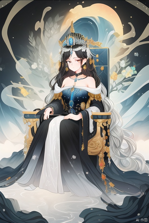 (((masterpiece))),best quality, illustration,(beautiful detailed girl), a girl ,solo,bare shoulders,flat_chst,diamond and glaring eyes,beautiful detailed cold face,very long blue and sliver hair,floaing black feathers,wavy hair,black and white sleeves,gold and sliver fringes,a (blackhole) behind the girl,a silver triple crown inlaid with obsidian,(sit) on the black ((throne)), (depth) of (field)