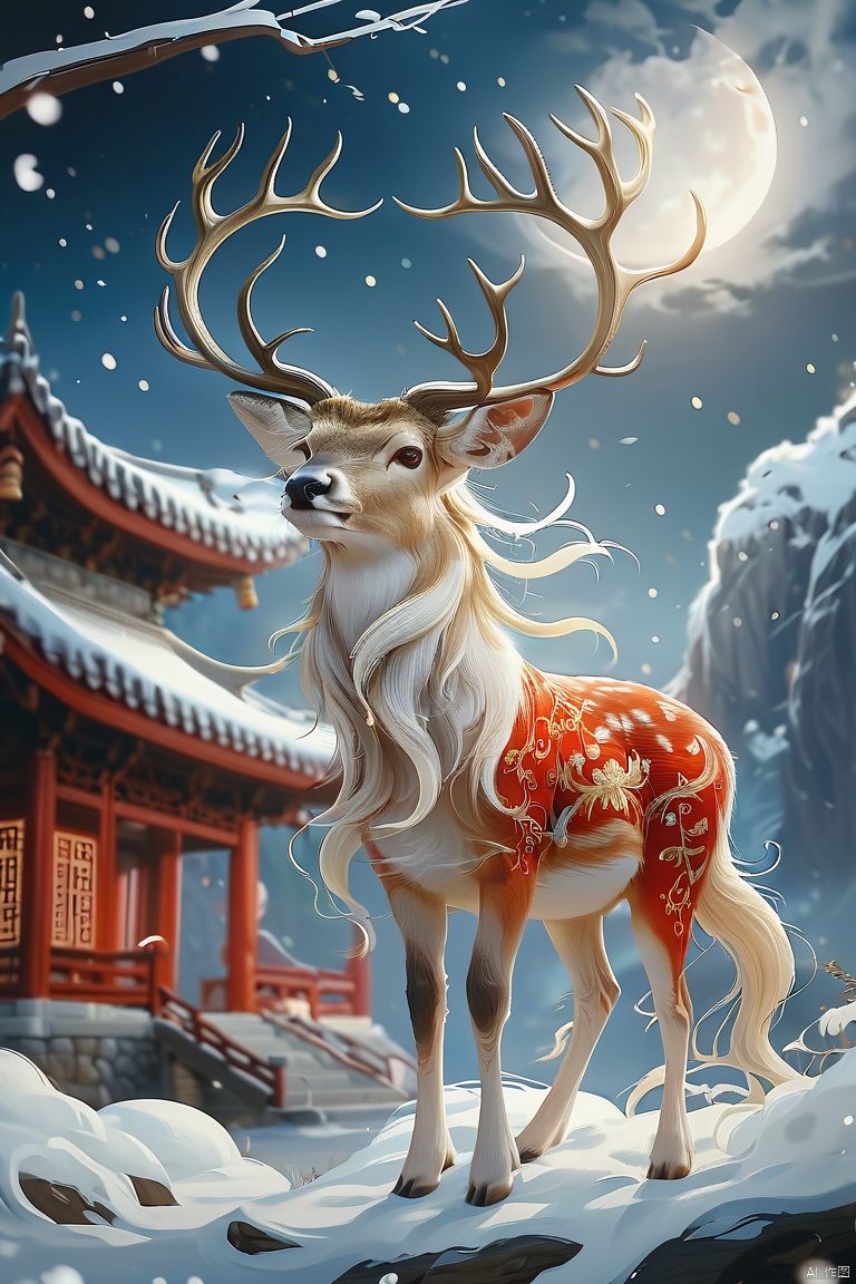 shanhaijing,outdoors, sky, no humans, night, animal, watermark, moon, snow, full moon, snowing, antlers, architecture, east asian architecture, deer
