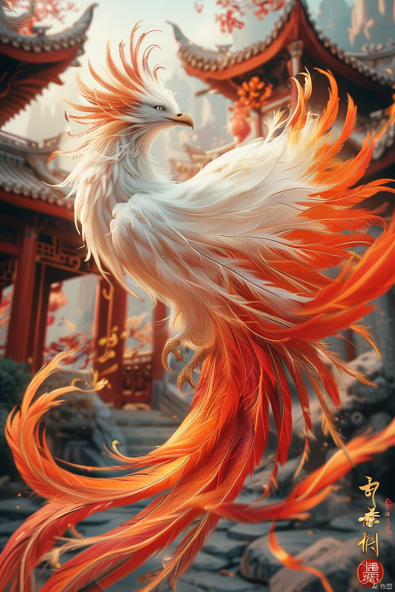 shanhaijing,phoenix,outdoors, no humans,  feathers, building, chinese text, animal focus, talons, white feathers