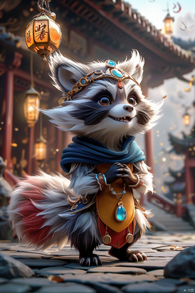 shanhaijing,Cute little raccoon, solo, looking at viewer, smile, open mouth, jewelry, standing, tail, full body, male focus, teeth, artist name, blurry, blurry background, fangs, gem, furry, forehead jewel