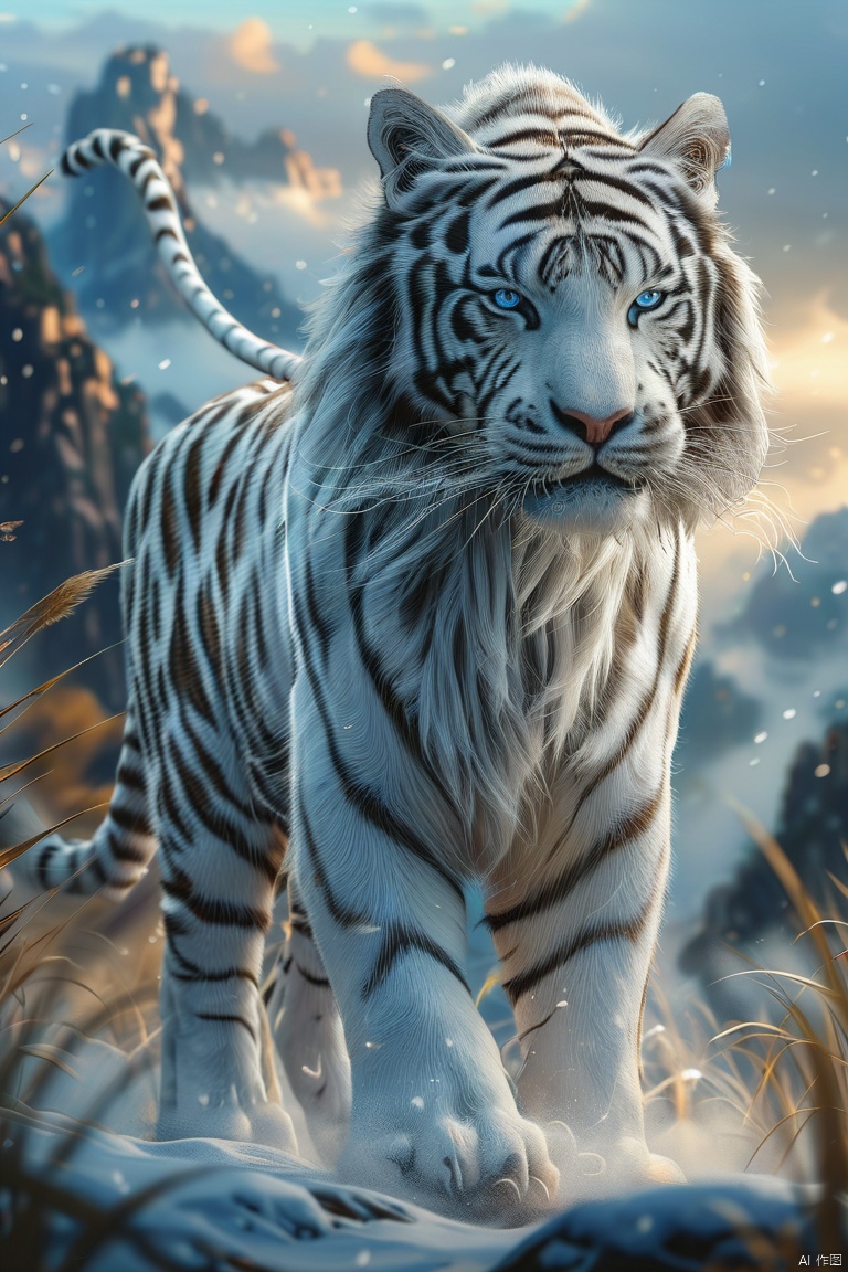 shanhaijing,solo, looking at viewer, blue eyes, white hair, outdoors, blurry, no humans, animal, claws, motion blur, tiger, white tiger