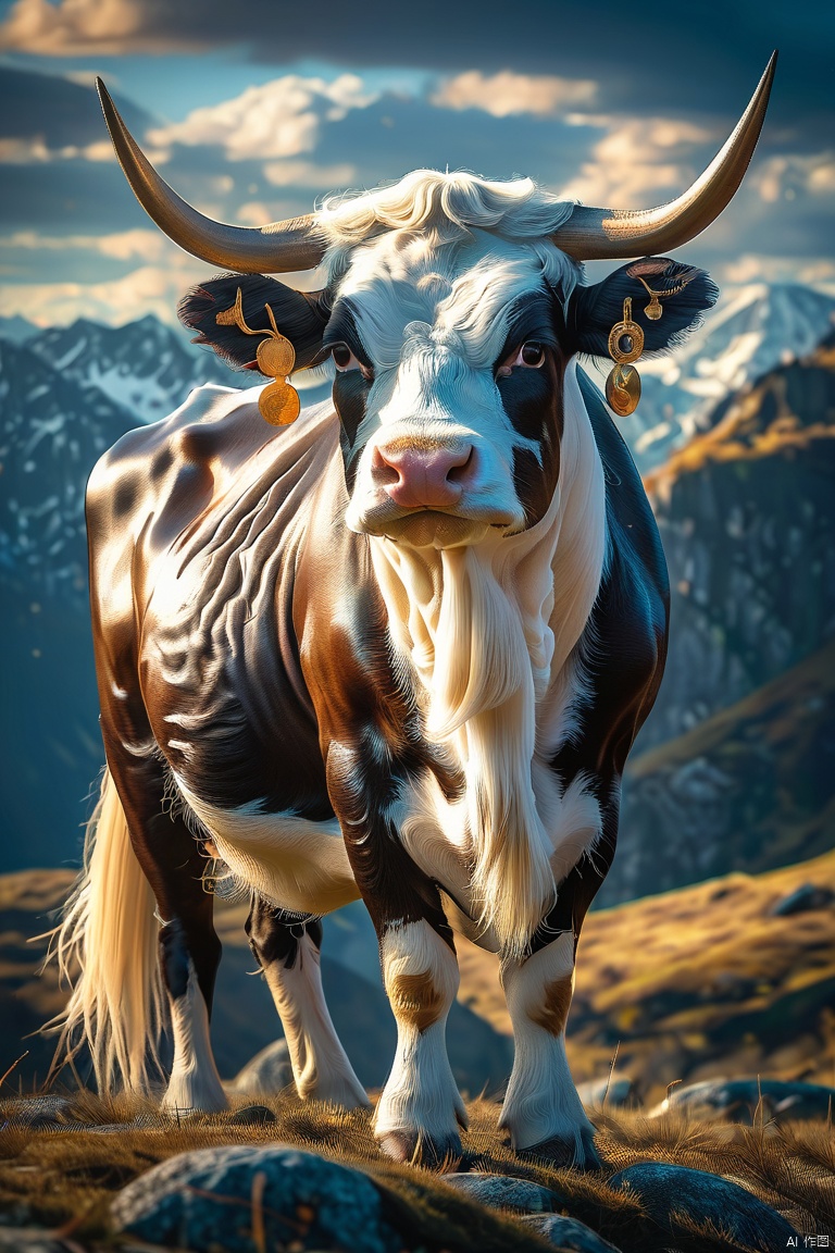  Bull, cow, solo,outdoors, horns, day, cloud, no humans, mountain