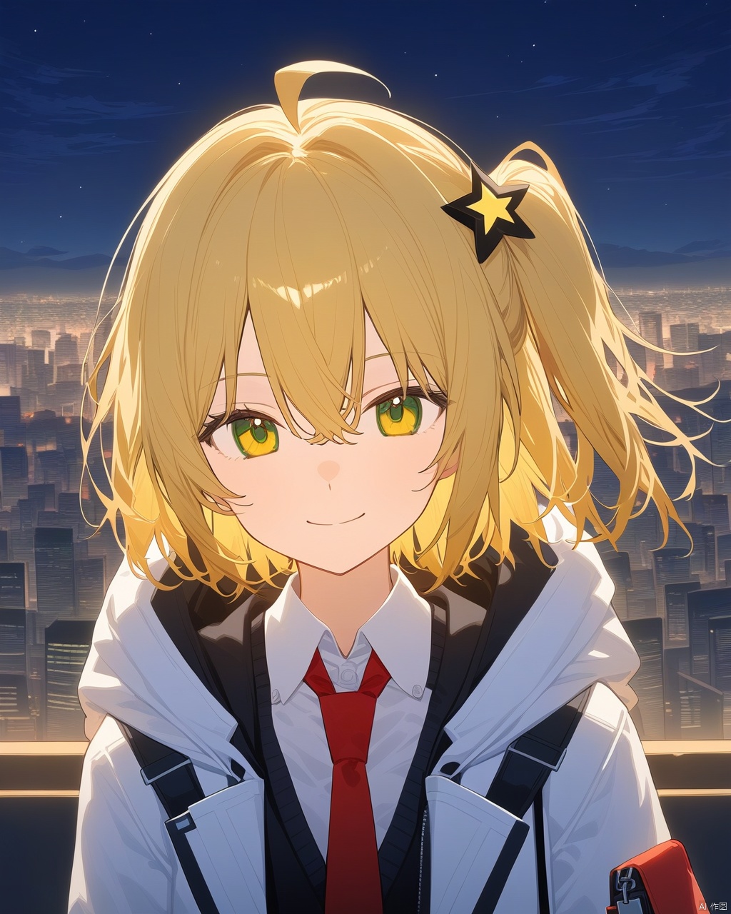 nai3,  1girl,  solo,  hair ornament,  ahoge,  looking at viewer,  green eyes,  necktie,  hood,  smile,  shirt,  jacket,  outdoors,  upper body,  red necktie,  bangs,  one side up,  hood down,  night,  collared shirt,  short hair,  closed mouth,  open clothes,  white shirt,  white jacket,  sky,  hooded jacket,  vest,  city lights,  bag,  hair between eyes,  open jacket,  blonde hair,  yellow eyes,  star (symbol),  hooded coat,  city,  medium hair