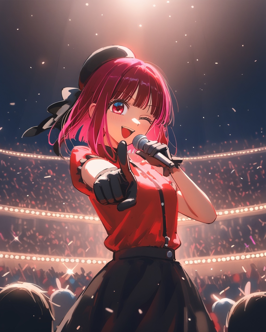 1girl,  arima kana,  oshi no ko,  solo,  idol,  idol clothes,  one eye closed,  red shirt,  black skirt,  black headwear,  gloves,  stage light,  singing,  open mouth,  crowd,  smile,  pointing at viewer,  ((wlop)),  ciloranko