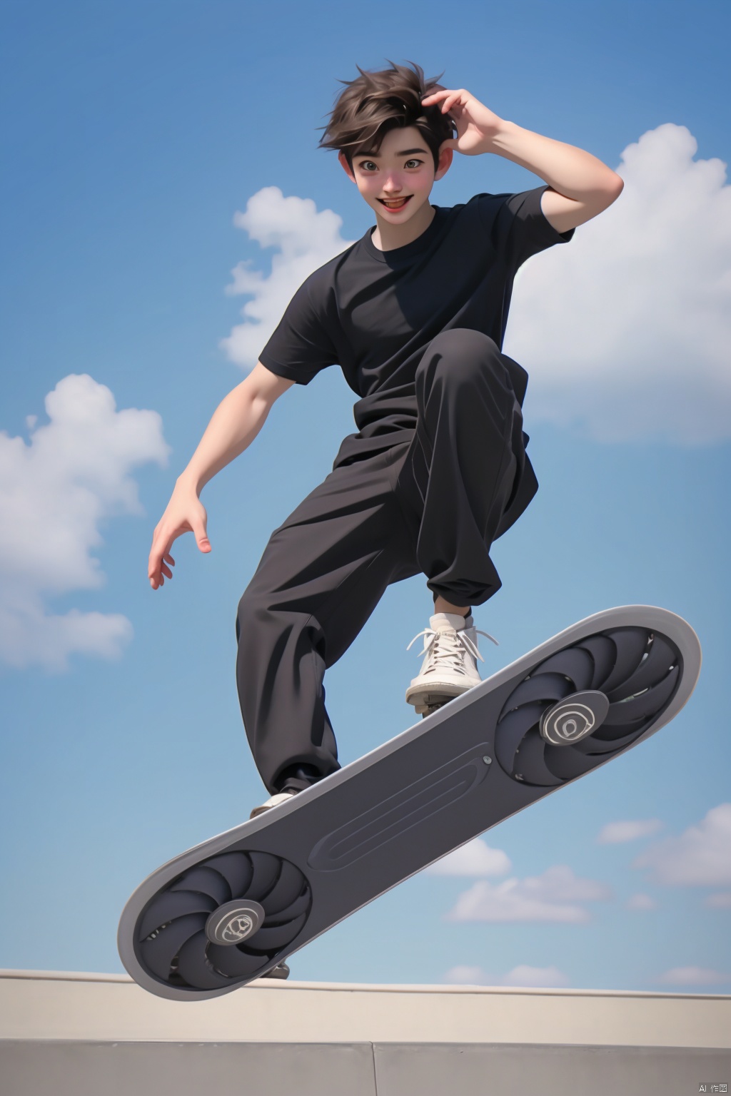  absurdres,incredibly absurdres,reality,realistic,,(solo:1.2),1boy,full_shot, Flying skateboard_ Graphics card
,20 years old, sunny, cheerful