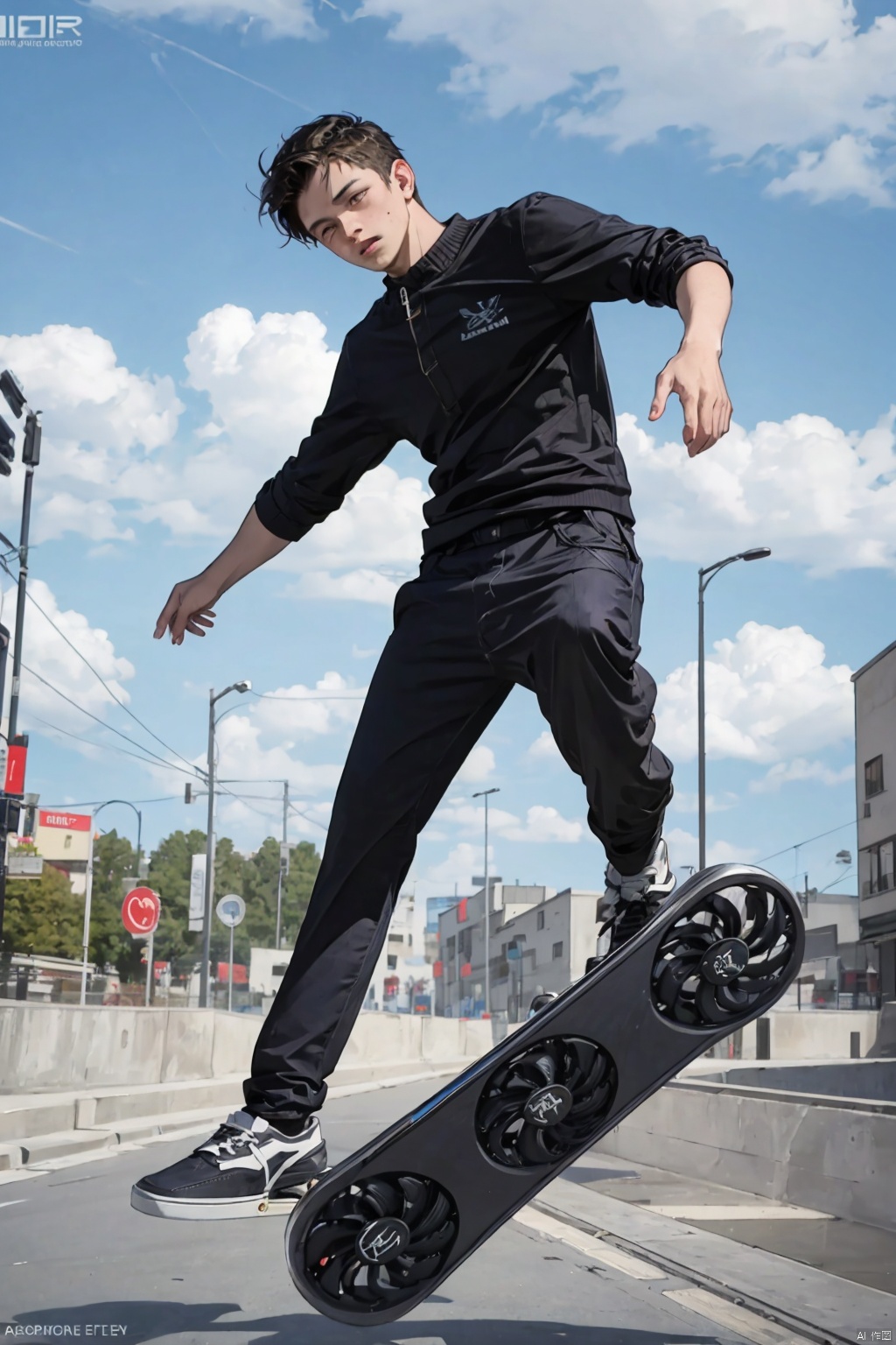  absurdres,incredibly absurdres,reality,realistic,,(solo:1.2),1boy,full_shot, Flying skateboard_ Graphics card shaped