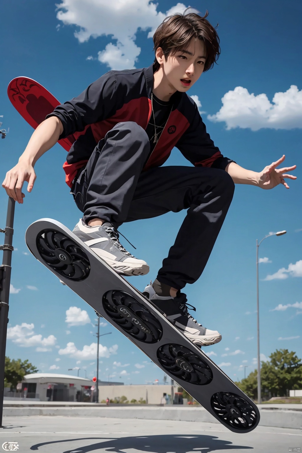  absurdres,incredibly absurdres,reality,realistic,,(solo:1.2),1boy,full_shot, Flying skateboard_ Graphics card shaped,20 years old, sunny, cheerful