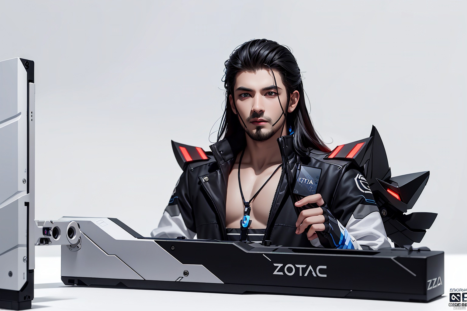 White background,as,st,stxianka,zotac,long hair,1boy,male focus,solo,,Graphics card,pendant,nvidia,