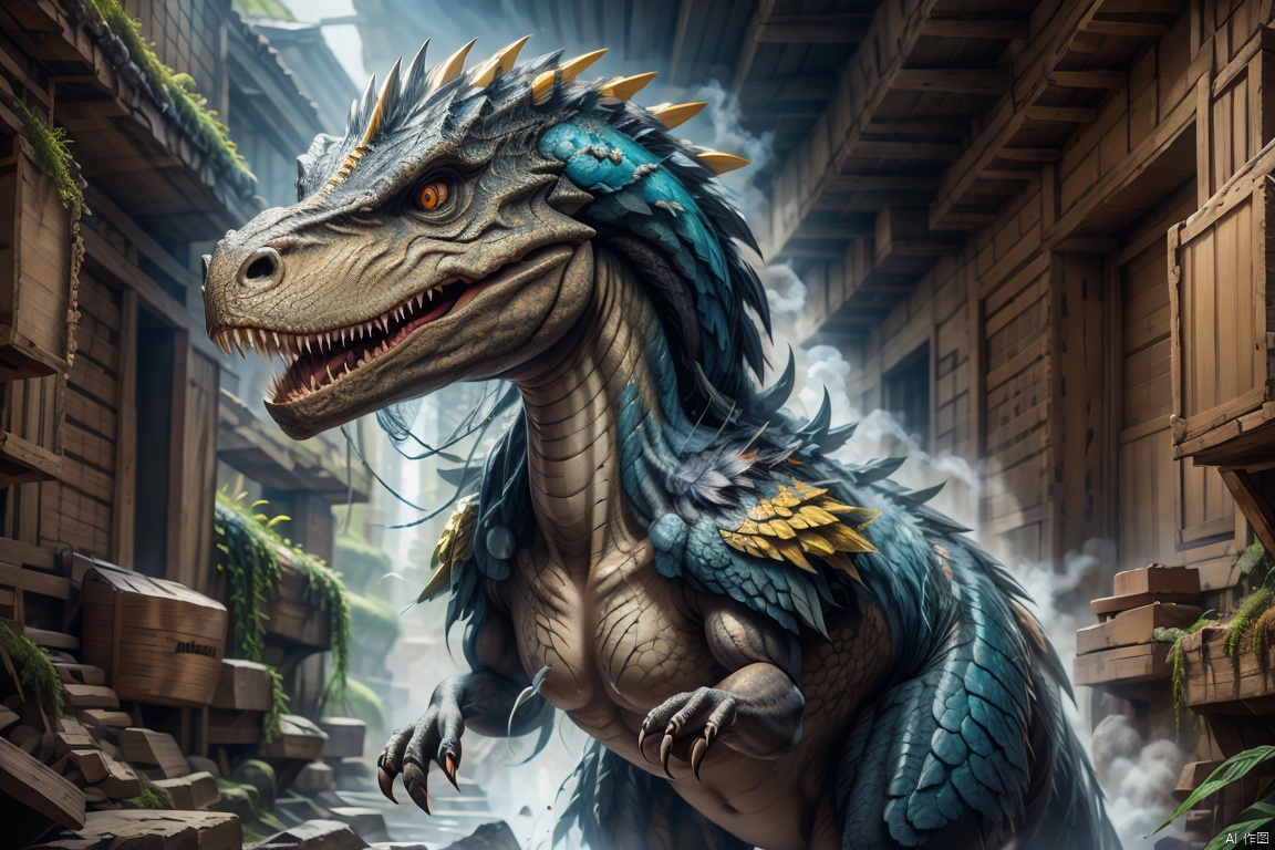 best quality,ultra-detailed,realistic,painting:1.2,prehistoric creature,velociraptor,black skin texture,sharp claws,elegant tail,bright yellow eyes,ferocious predator,dinosaur,huge teeth,intense gaze,fierce expression,dark atmosphere,vivid lighting,prehistoric landscape,ominous presence,scaly skin,ancient creature,hunter's instinct,feathers:0.9,dynamic pose,striking appearance,creepy roar,prehistoric forest,mesmerizing creature,dark shadows,hidden danger,prehistoric power,prehistoric king,sharp scales,feathered creature,prehistoric art style,prehistoric interpretation,ferocious predator,prehistoric reptile,ancient world,primeval creature,prehistoric epic., 1girl