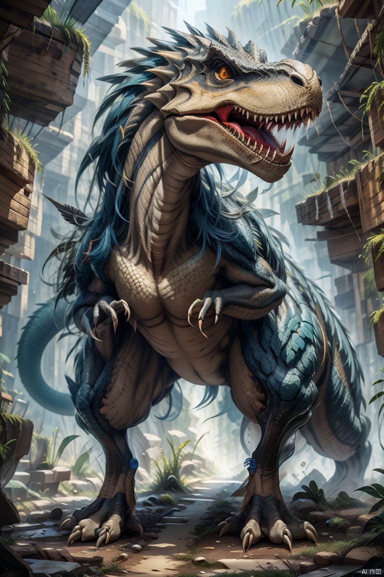 best quality,ultra-detailed,realistic,painting:1.2,prehistoric creature,velociraptor,black skin texture,sharp claws,elegant tail,bright yellow eyes,ferocious predator,dinosaur,huge teeth,intense gaze,fierce expression,dark atmosphere,vivid lighting,prehistoric landscape,ominous presence,scaly skin,ancient creature,hunter's instinct,feathers:0.9,dynamic pose,striking appearance,creepy roar,prehistoric forest,mesmerizing creature,dark shadows,hidden danger,prehistoric power,prehistoric king,sharp scales,feathered creature,prehistoric art style,prehistoric interpretation,ferocious predator,prehistoric reptile,ancient world,primeval creature,prehistoric epic., 1girl