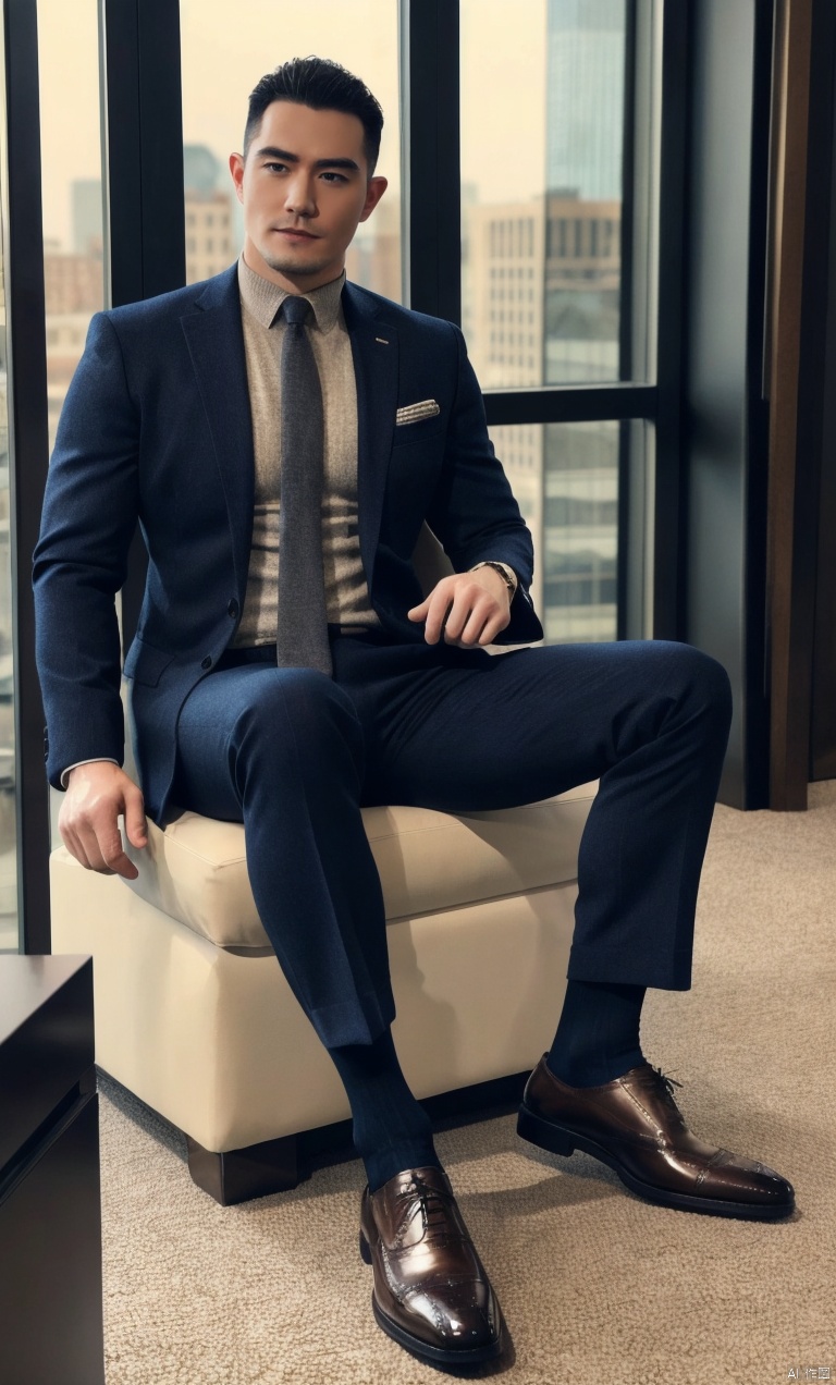  a man,male focus,(masterpiece, Realism, best quality, highly detailed,profession),asian,exquisite facial features,handsome,muscular,sitting,Business suit,socks,footwear,full body shot,soft lighting,blurry,xiewa, ((poakl)), 1man