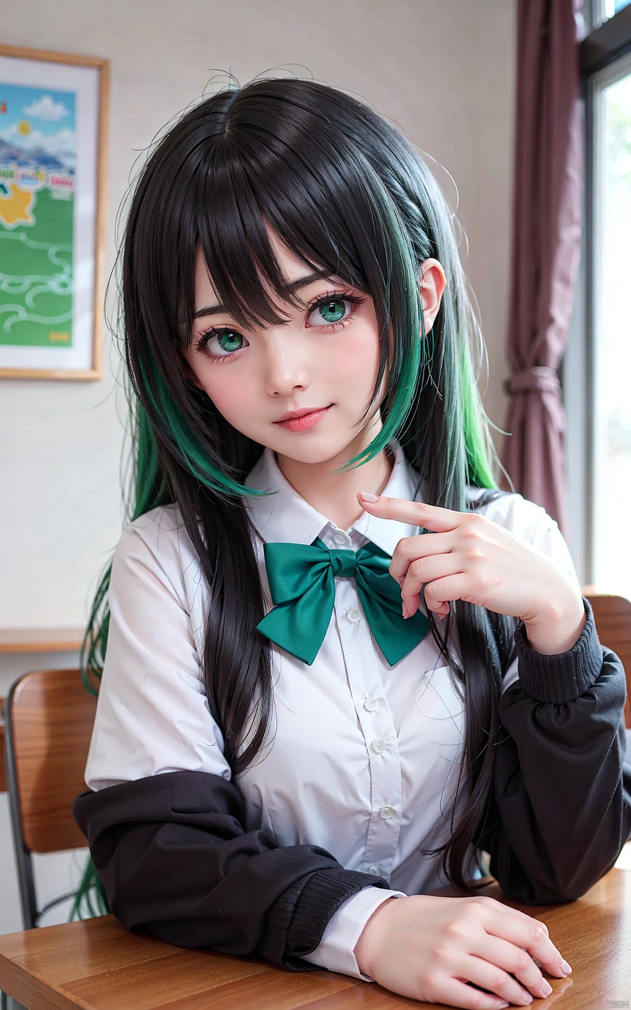 (cowboy shot,very long hair,4349:1),1girl,shirt,phone,green_eyes,bow,long_hair,black_hair,white_shirt,collared_shirt,looking_at_viewer,green_bow,window,cellphone,multicolored_hair,bowtie,colored_inner_hair,ahoge,green_hair,smile,indoors,holding,desk,holding_phone,blush,bangs,smartphone,hair_between_eyes,long_sleeves,green_bowtie,pov,hand_on_own_face,jacket,black_jacket,open_mouth,hand_on_own_cheek,school_desk,school_uniform,solo_focus,button_gap,off_shoulder,open_clothes,