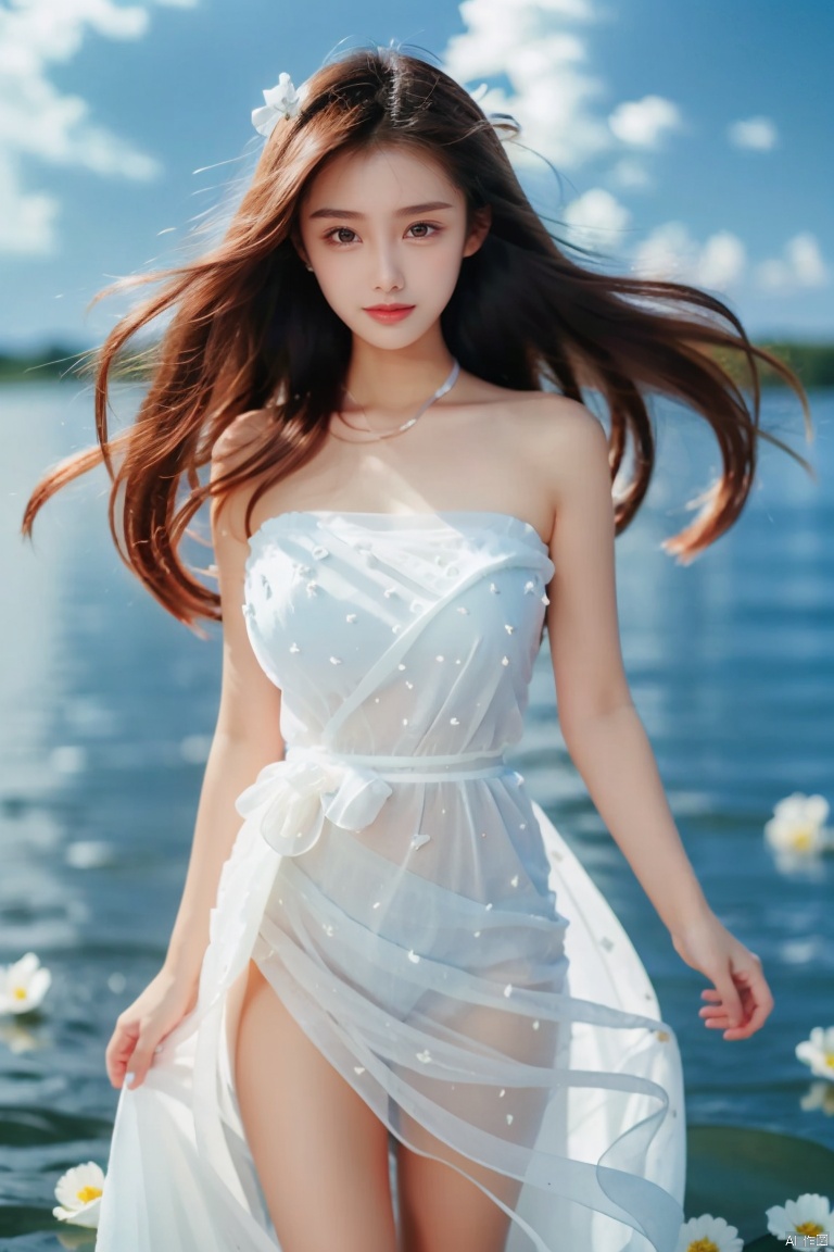  DSLR, depth of field, (1girl:1.2), , very long hair, low twintails, yellow eyes, light smile, looking at viewer, white shirt, white skirt, (flying white chiffon:1.5), bare shoulder, (flying blue petals:1.2), (standing above water surface), sky background, (cloud:1.2), white bird, floating water drops, (white border:1.2) , 
backlight, , jujingyi, taoist robe, ll-hd,(((large breasts)), depth of field,, , ((poakl)),zixia
