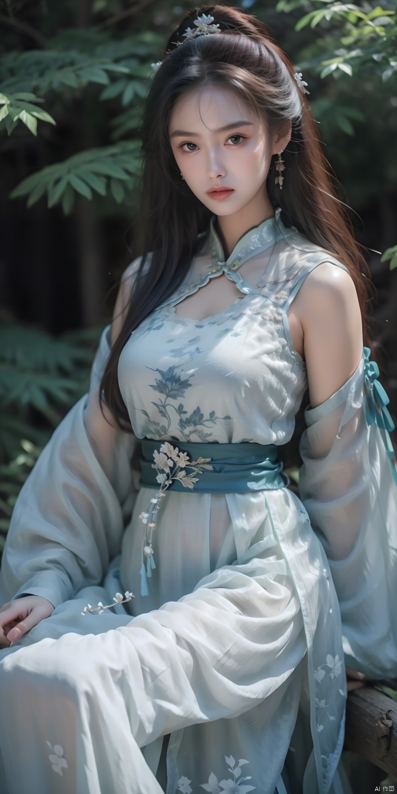  a woman in a green dress sitting on a tree branch with a bird flying over her head and a bird flying over her head,1girl,,hair ornament,black hair,long sleeves,,shawl,holding,jewelry,solo,long hair,full body,,earrings,tree,,wide sleeves,breasts,hair stick,flower,,,cleavage,bird, quality,masterpiece,ultra high res, , ,, , Detail, zixia, ((poakl)), chinese dress,blue dress,white dress