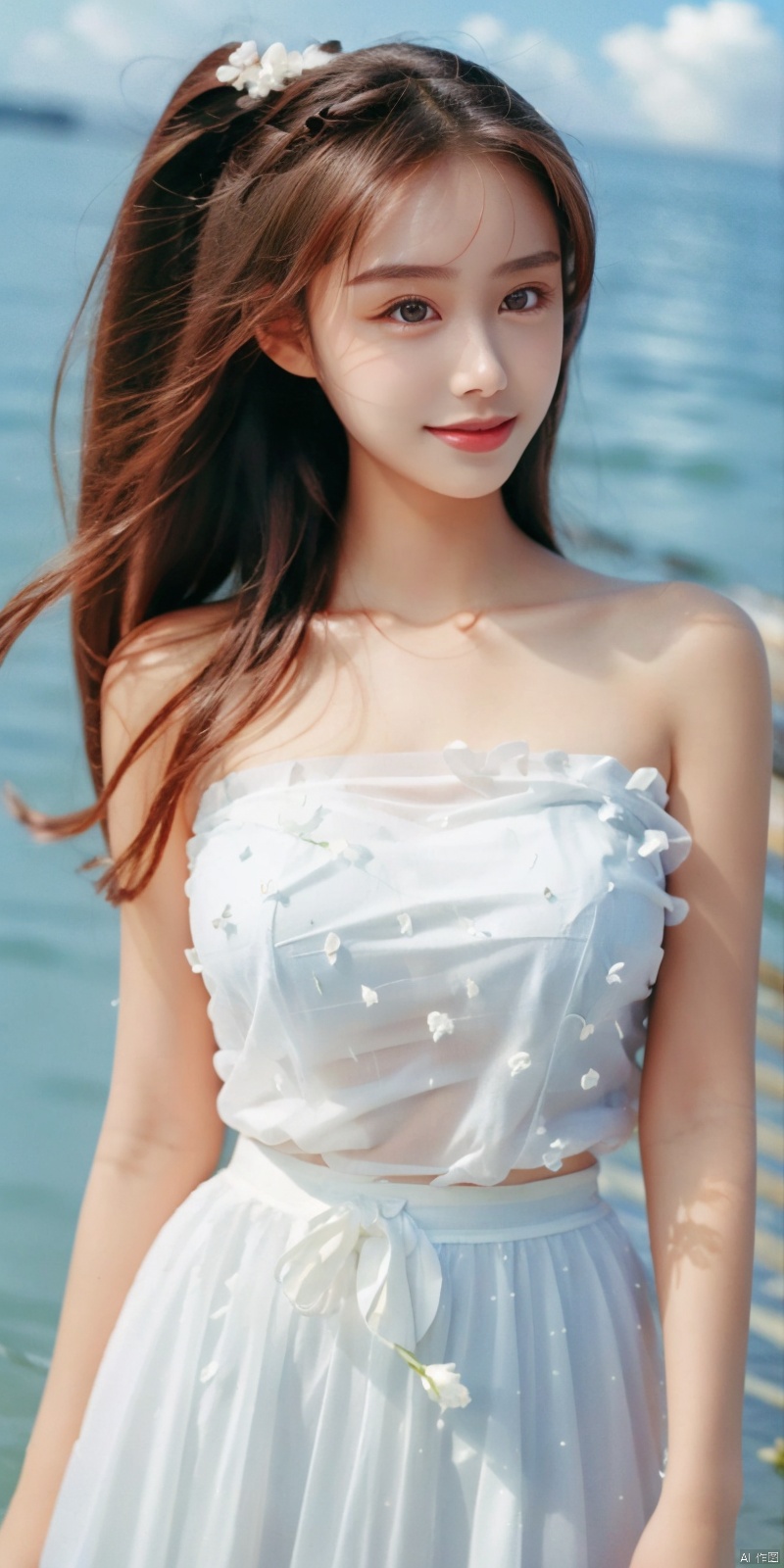 DSLR, depth of field, (1girl:1.2), , very long hair, low twintails, yellow eyes, light smile, looking at viewer, white shirt, white skirt, (flying white chiffon:1.5), bare shoulder, (flying blue petals:1.2), (standing above water surface), sky background, (cloud:1.2), white bird, floating water drops, (white border:1.2) , 
backlight, , jujingyi, taoist robe, ll-hd,(((large breasts)), depth of field,, , ((poakl)),zixia