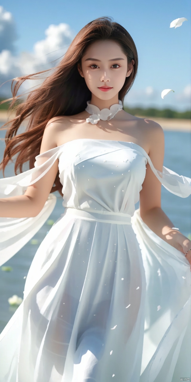  DSLR, depth of field, (1girl:1.2), , very long hair, low twintails, yellow eyes, light smile, looking at viewer, white shirt, white skirt, (flying white chiffon:1.5), bare shoulder, (flying blue petals:1.2), (standing above water surface), sky background, (cloud:1.2), white bird, floating water drops, (white border:1.2) , 
backlight, , jujingyi, taoist robe, ll-hd,(((large breasts)), depth of field,, , ((poakl)),zixia