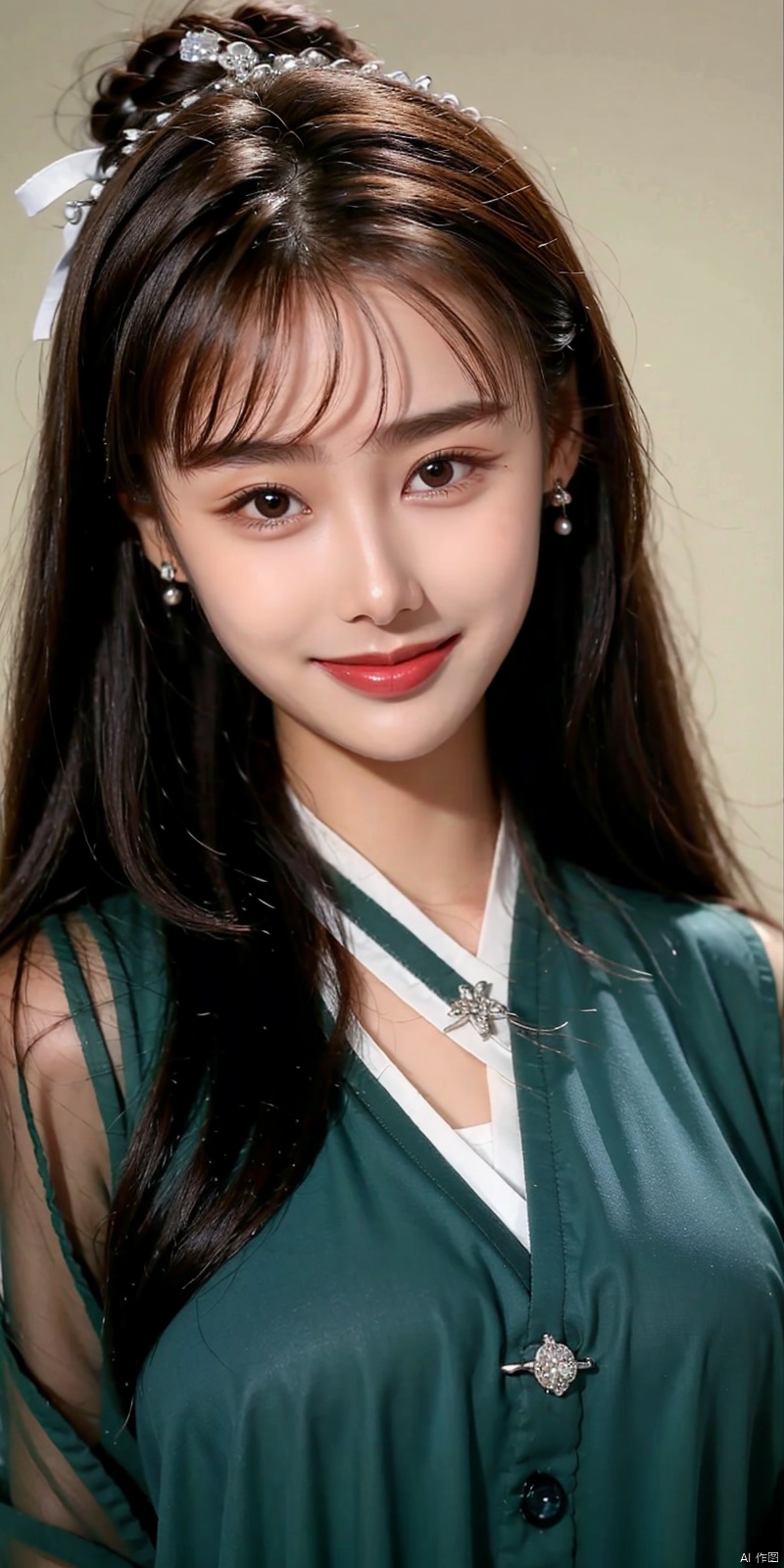 zixia,
1girl, solo, long hair, looking at viewer, smile, black hair, long sleeves, jewelry, upper body, earrings, grin, black eyes, realistic