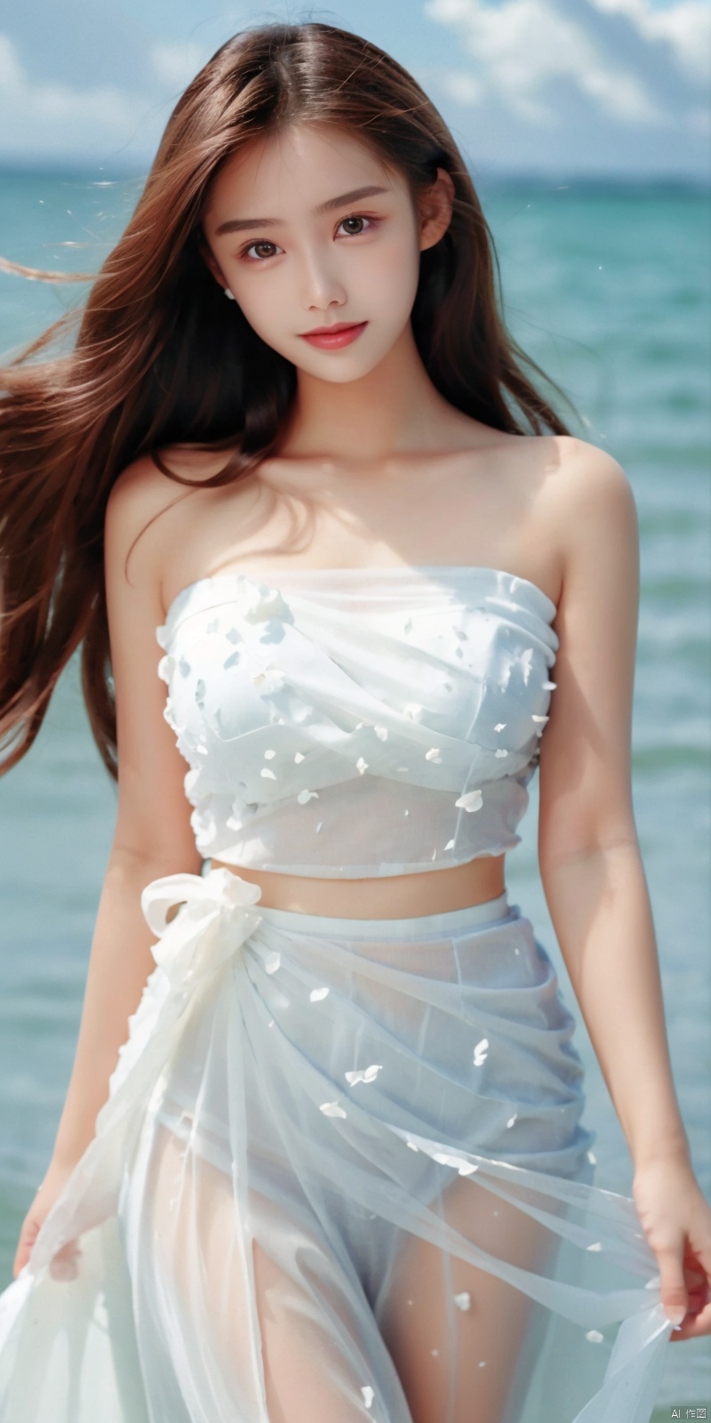  DSLR, depth of field, (1girl:1.2), , very long hair, low twintails, yellow eyes, light smile, looking at viewer, white shirt, white skirt, (flying white chiffon:1.5), bare shoulder, (flying blue petals:1.2), (standing above water surface), sky background, (cloud:1.2), white bird, floating water drops, (white border:1.2) , 
backlight, , jujingyi, taoist robe, ll-hd,(((large breasts)), depth of field,, , ((poakl)),zixia